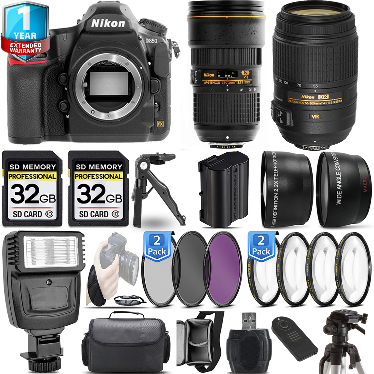 D850 DSLR Camera Camera + 55-300mm +24-70mm + 1yr Warranty+ 64GB Basic Kit *FREE SHIPPING*