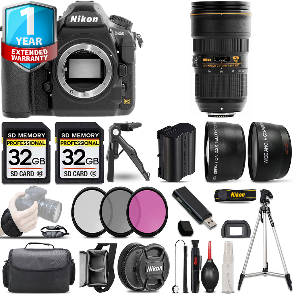 D850 DSLR Camera Camera + 24-70mm Lens + 3 Piece Filter Set + 1 Year Extended Warranty - 64GB Kit *FREE SHIPPING*