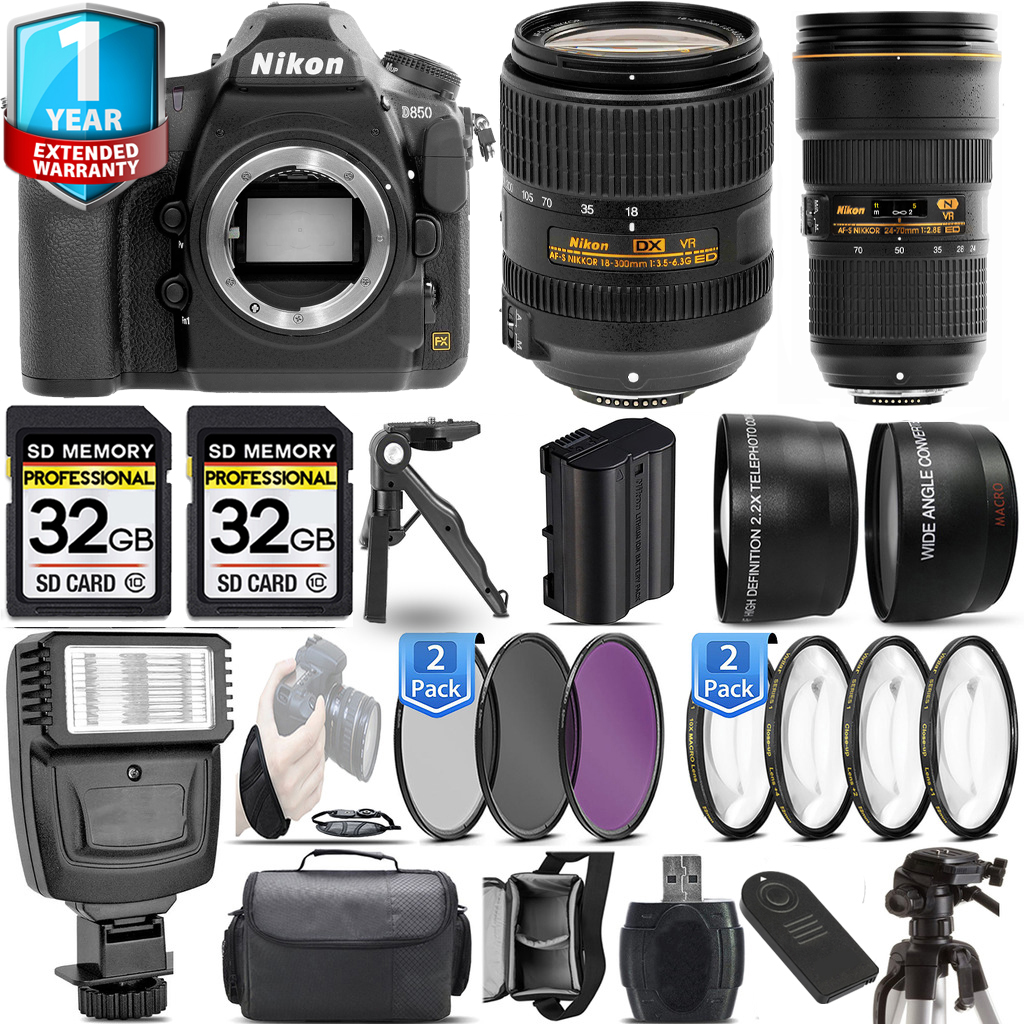 D850 DSLR Camera + 18- 300mm Lens + 24-70mm Lens + Flash + 1 Year Extended Warranty Kit *FREE SHIPPING*