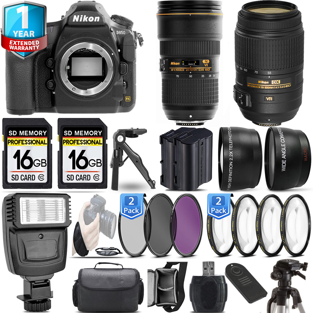 D850 Camera + 24-70mm Lens + 55- 300mm + 1 Year Extended Warranty + 3 Piece Filter Set & More! *FREE SHIPPING*