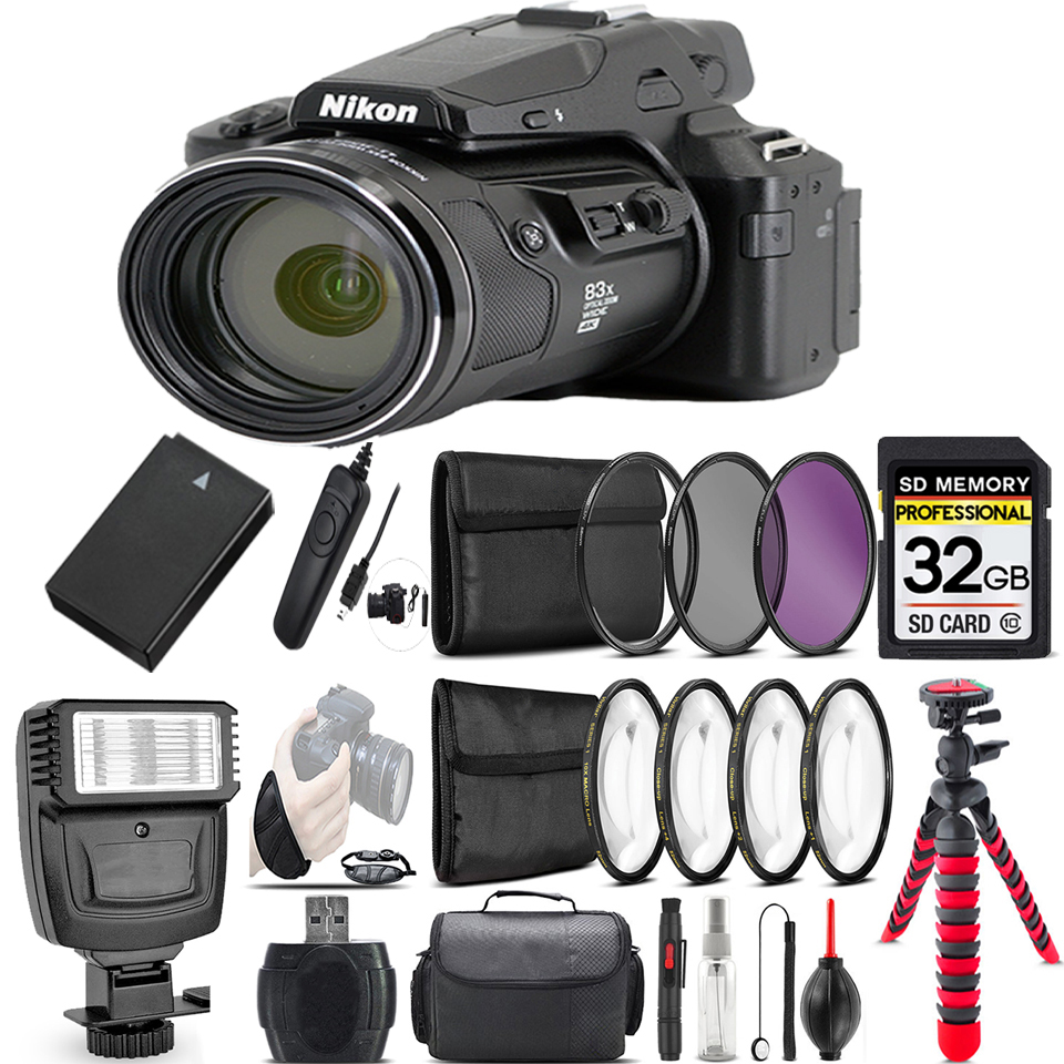 COOLPIX P950 Digital Camera 83x + Flash + 7PC Filter + EXT BAT - 32GB Kit *FREE SHIPPING*