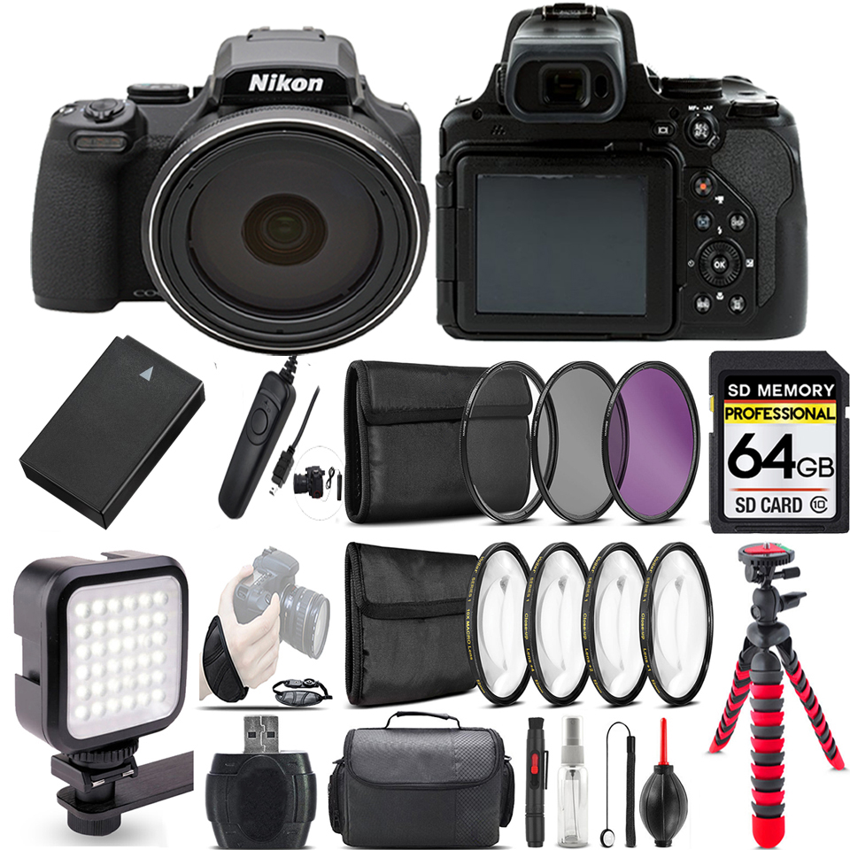 COOLPIX P1000 Digital Camera 125x + LED + 7PC Filter + EXT BAT - 64GB Bundle *FREE SHIPPING*