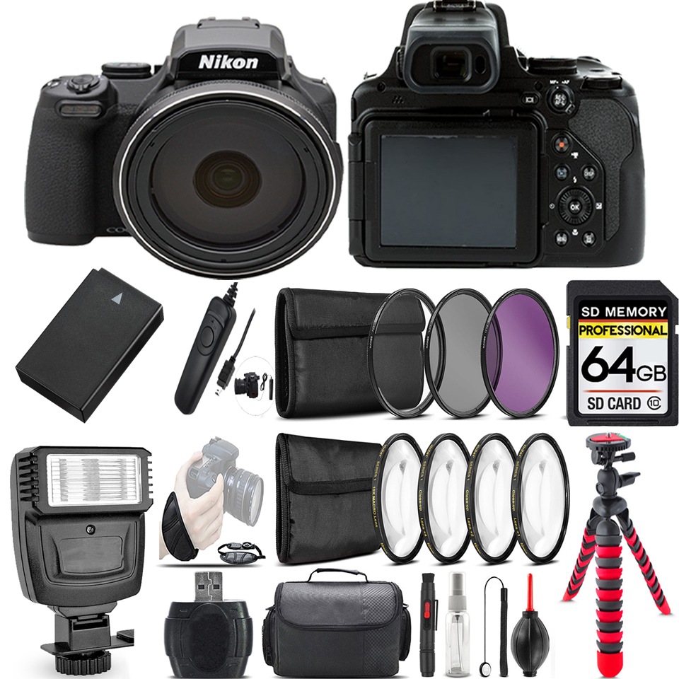 COOLPIX P1000 Digital Camera 125x + Flash + 7PC Filter + EXT BAT - 64GB Kit *FREE SHIPPING*