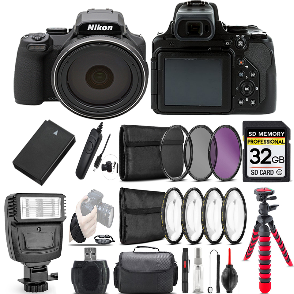 COOLPIX P1000 Digital Camera 125x + Flash + 7PC Filter + EXT BAT - 32GB Kit *FREE SHIPPING*