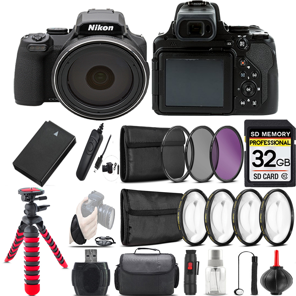 COOLPIX P1000 Digital Camera + Spider Tripod + EXT BAT - 32GB Kit *FREE SHIPPING*