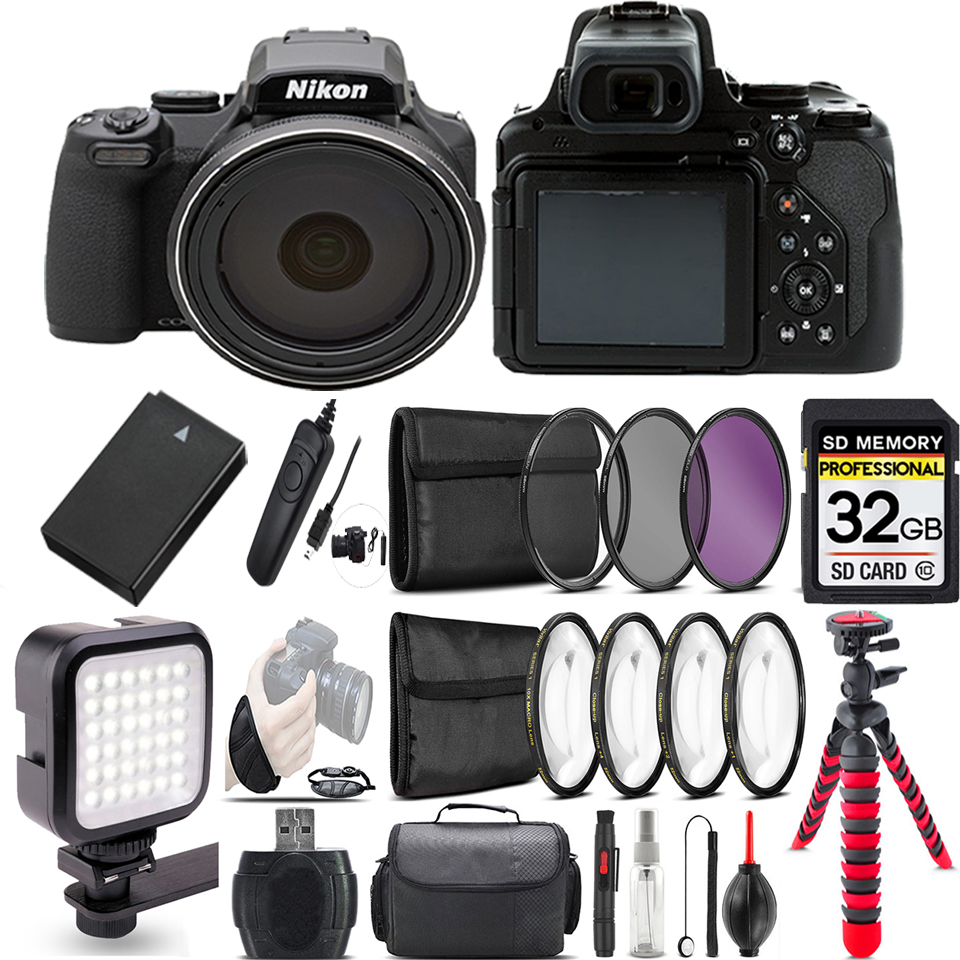 COOLPIX P1000 Digital Camera 125x + LED + 7PC Filter + EXT BAT - 32GB Bundle *FREE SHIPPING*