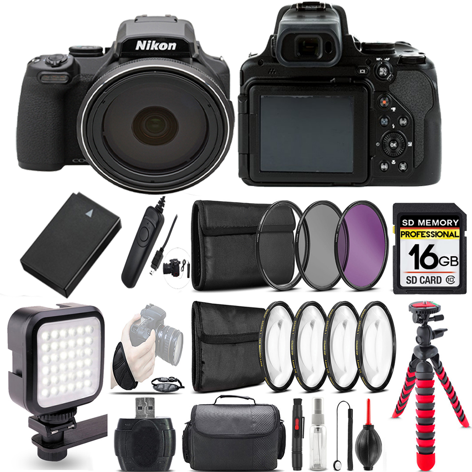 COOLPIX P1000 Digital Camera 125x + LED + 7PC Filter + EXT BAT - 16GB Bundle *FREE SHIPPING*