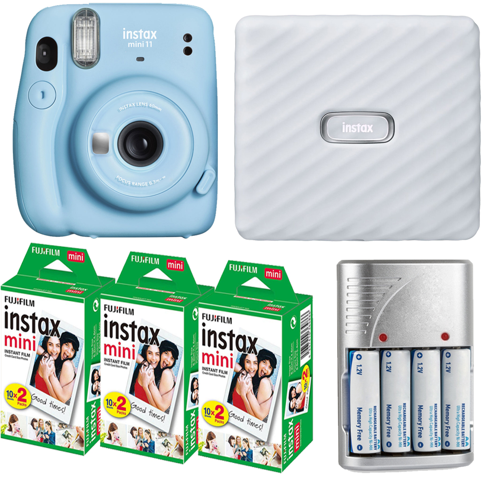 FUJIFILM INSTAX Mini 11 Blue Cam + Battery +Mini Film  White Printer Kit - 3 Pack *FREE SHIPPING*