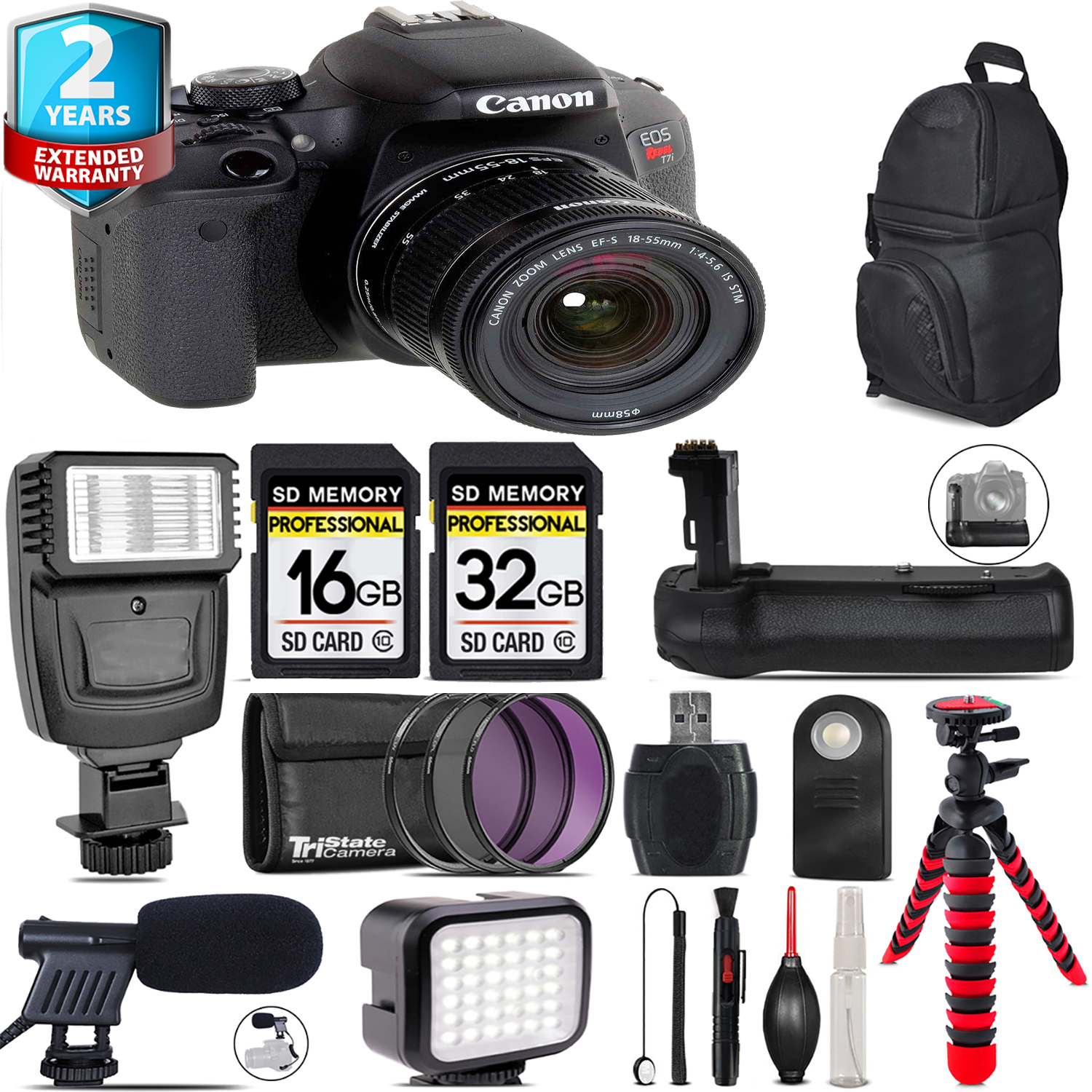 EOS Rebel T7i + 18-55mm IS STM + LED Kit + Mic + Battery Grip + 48GB *FREE SHIPPING*