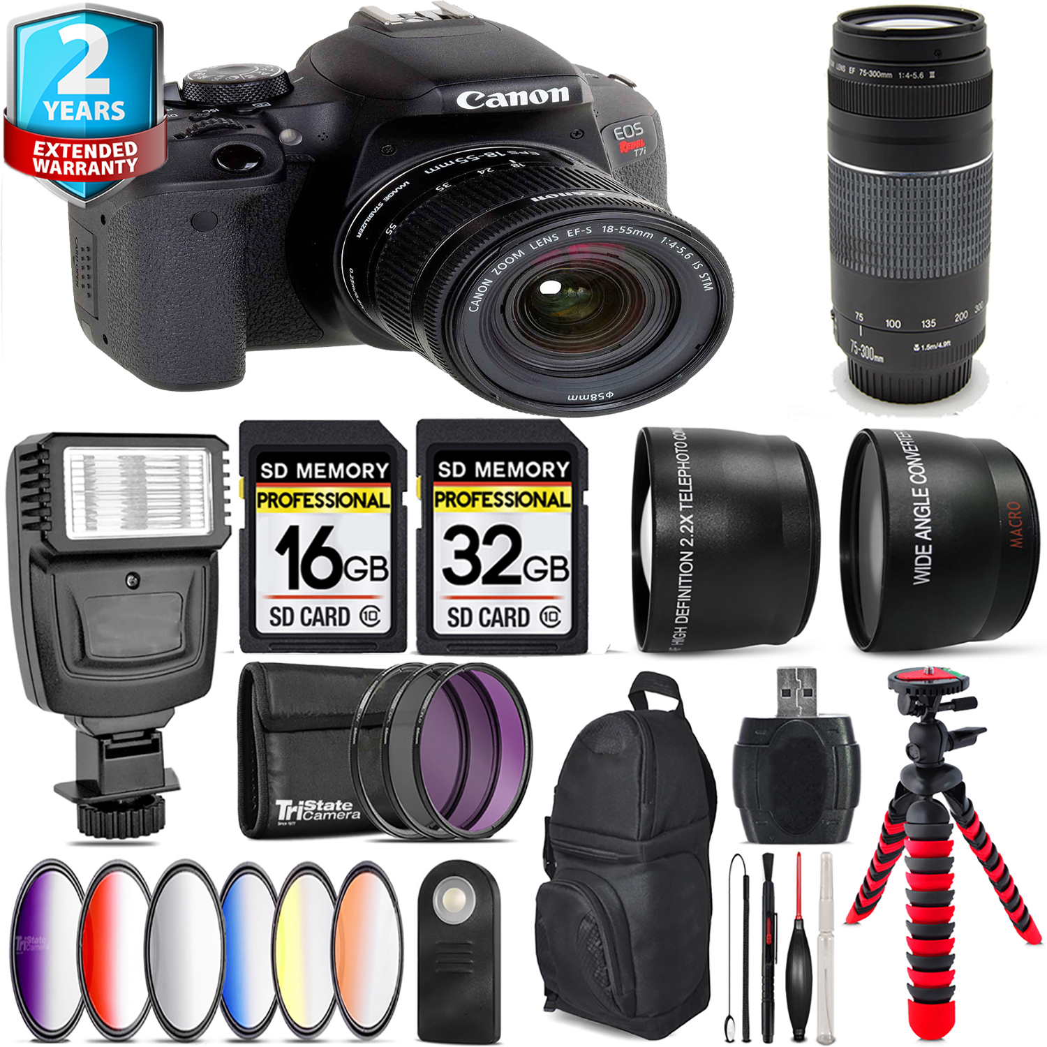 EOS Rebel T7i + 18-55mm IS STM + 75- 300mm III + Slave Flash - 48GB Kit *FREE SHIPPING*