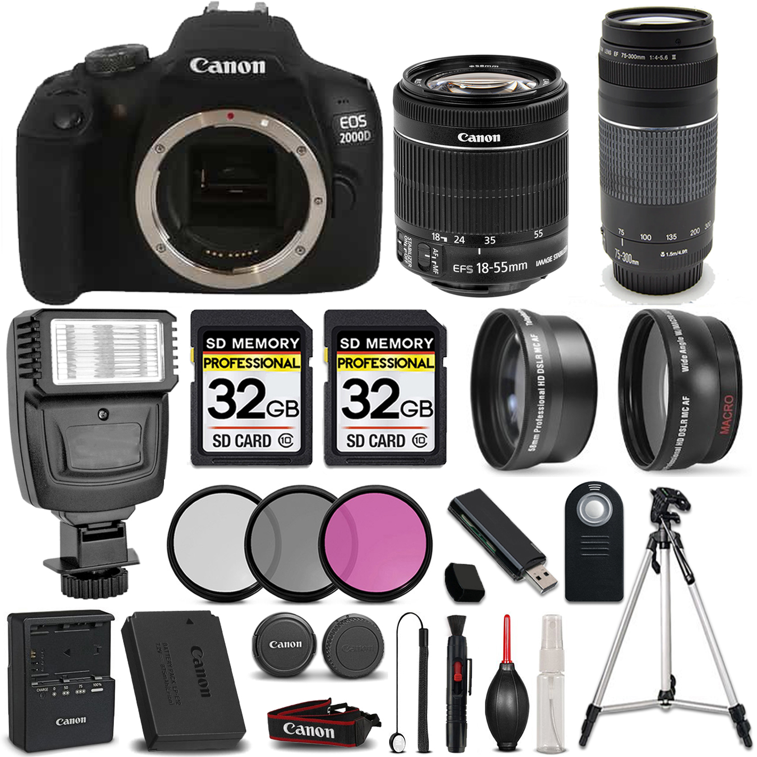Canon EOS 2000D (Rebel T7) DSLR Camera +18-55mm IS STM LENS +75-300 II+ 64GB Kit *FREE SHIPPING*