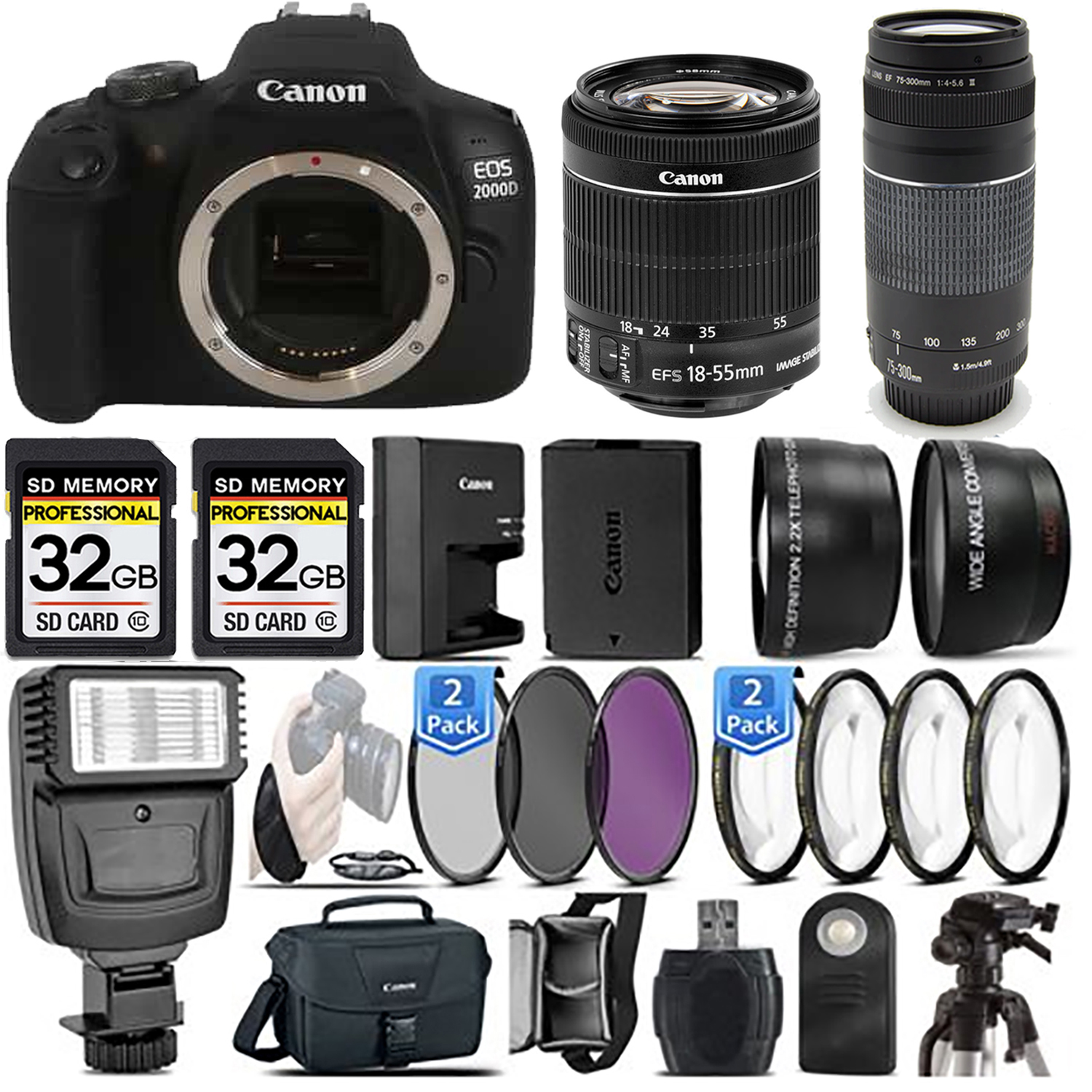 Canon EOS 2000D (Rebel T7) DSLR Camera +18-55mm STM LENS +75-300 III +Flash- Kit *FREE SHIPPING*