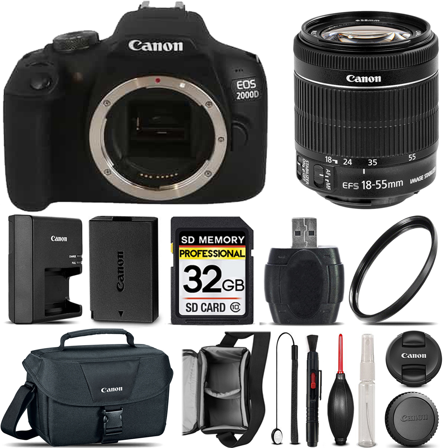 EOS 2000D (Rebel T7) DSLR Camera + 18-55mm STM + Canon Case+ UV + 32GB Kit *FREE SHIPPING*