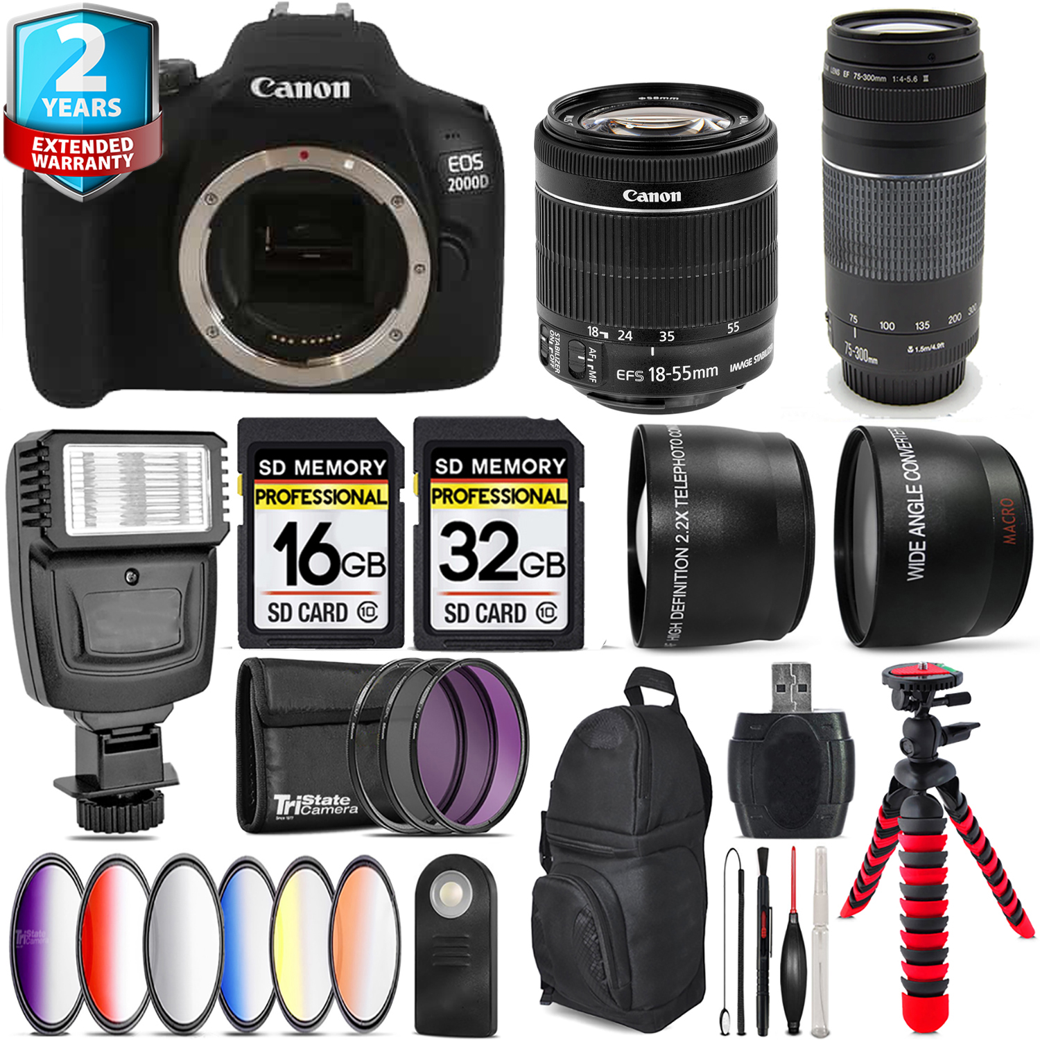 Canon EOS 2000D/Rebel T7 DSLR Camera + 32GB + Flash + Tripod Bundle