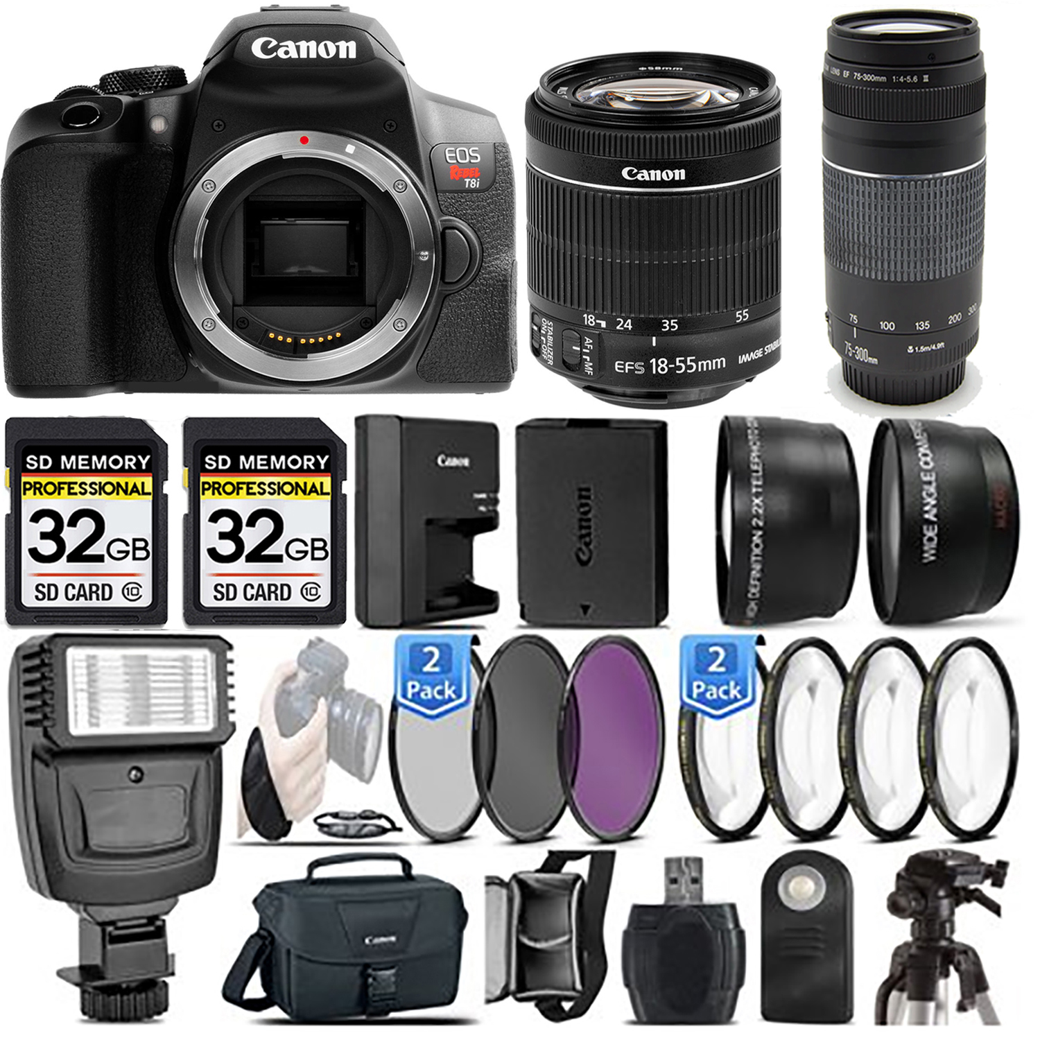 Canon EOS Rebel T8i DSLR Camera + 18-55mm STM LENS + 75- 300 III + Flash - Kit *FREE SHIPPING*
