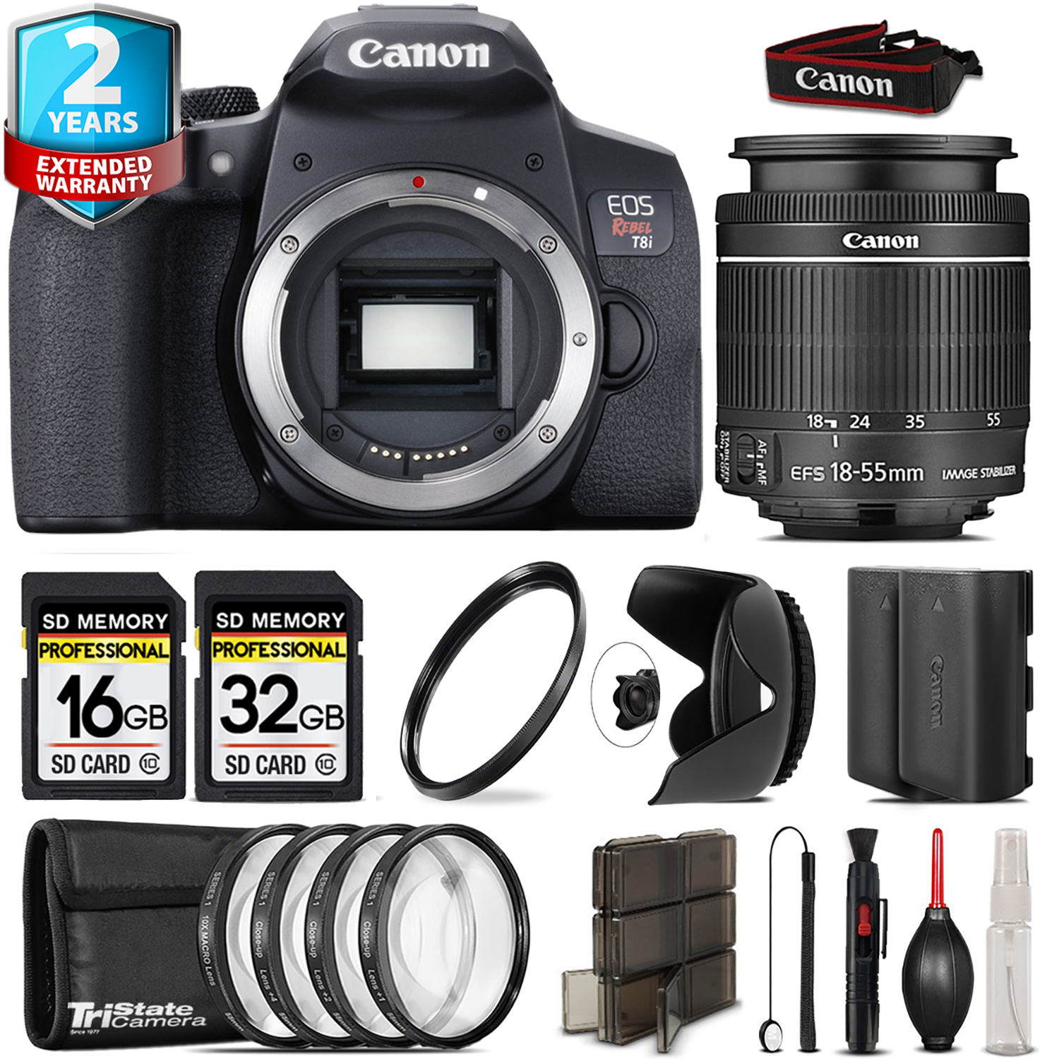 Canon EOS Rebel T8i + 18-55mm IS STM + 4 Piece Macro Set + Extra Battery - 48GB *FREE SHIPPING*