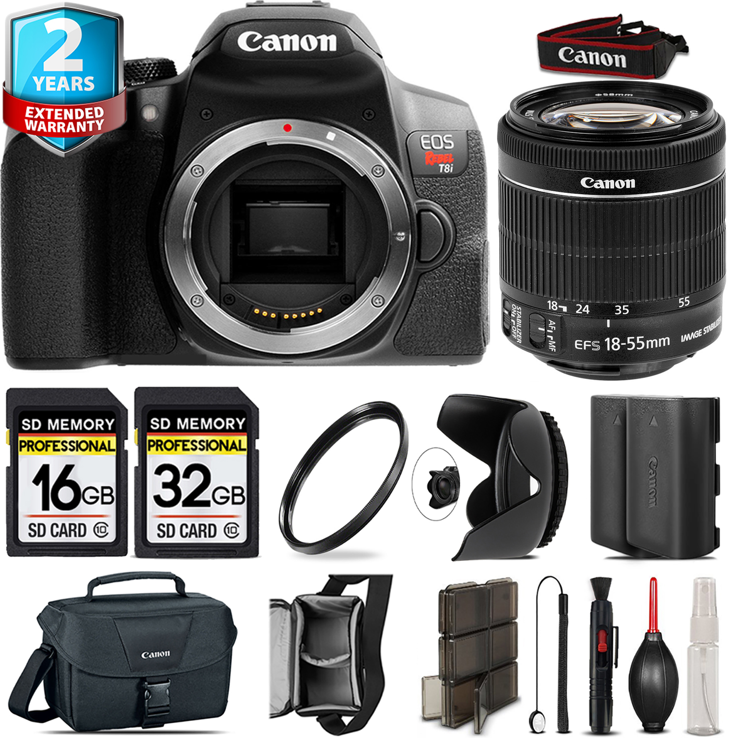 EOS Rebel T8i + 18-55mm IS STM + Tulip Hood + Extra Battery - 48GB Kit *FREE SHIPPING*