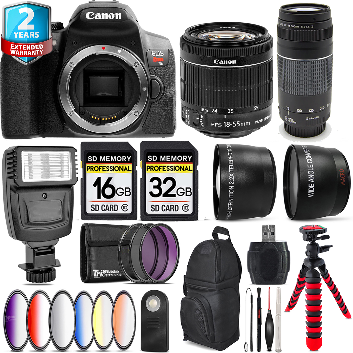 Canon EOS Rebel T8i + 18-55mm IS STM + 75- 300mm III + Slave Flash - 48GB Kit *FREE SHIPPING*