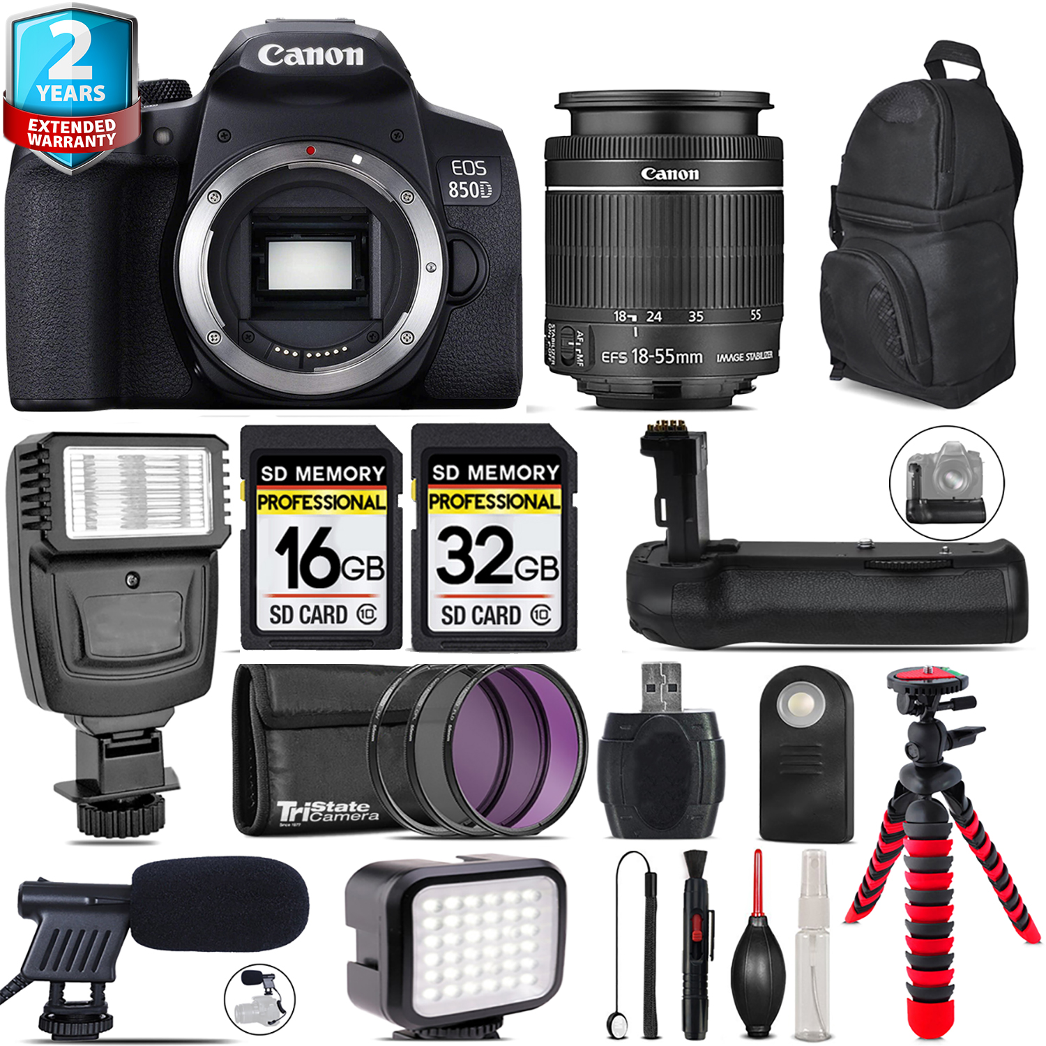 EOS 850D (Rebel T8i) + 18-55mm IS STM + LED Kit + Mic + Battery Grip + 48GB *FREE SHIPPING*