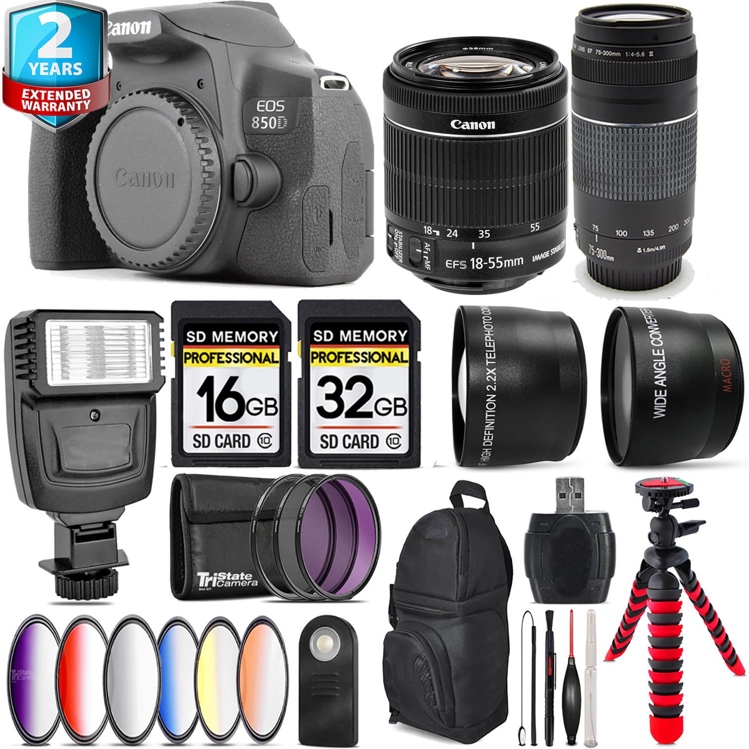 EOS 850D (Rebel T8i) + 18-55mm IS STM + 75- 300mm III + Slave Flash - 48GB Kit *FREE SHIPPING*