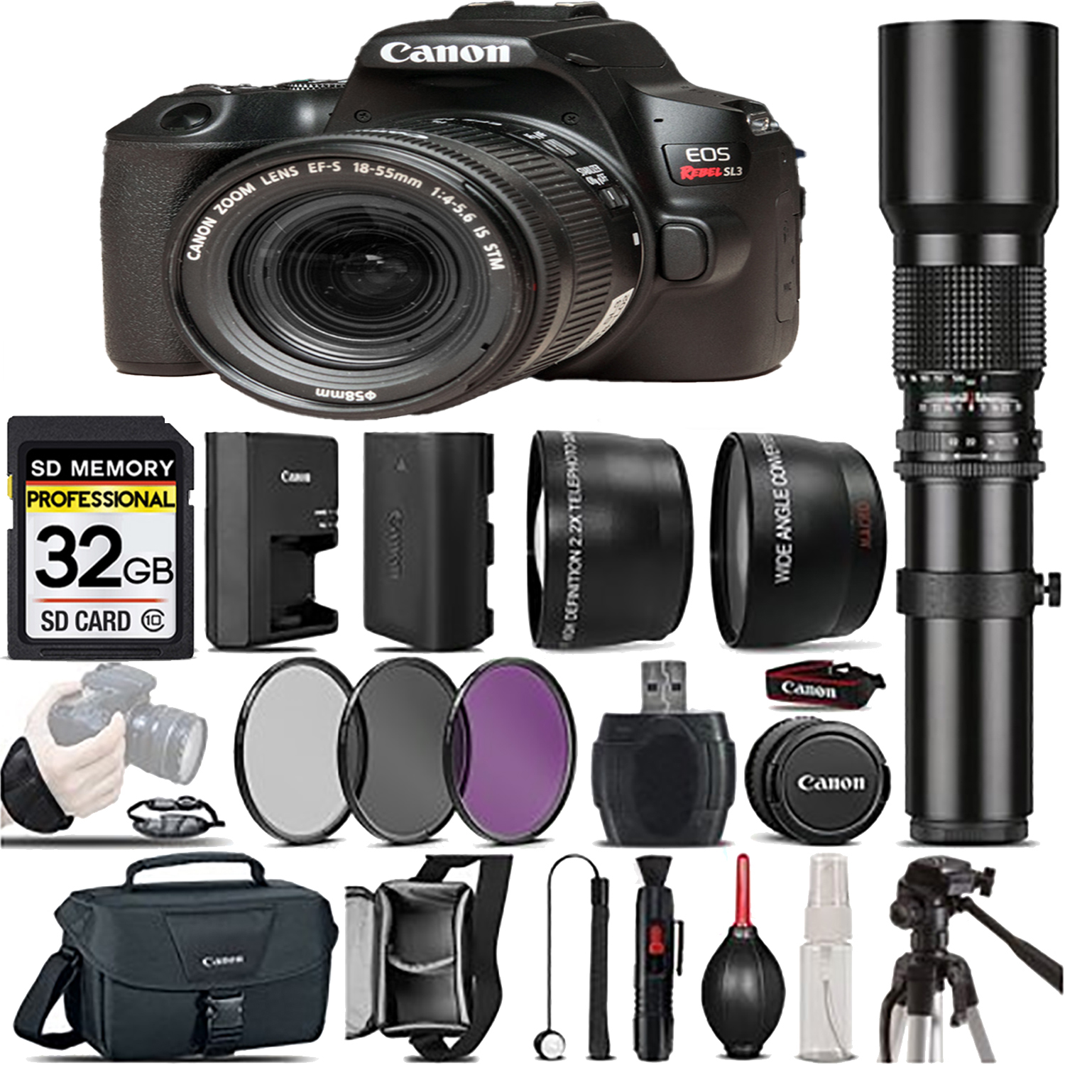 EOS Rebel SL3 DSLR Camera(Black) + 18-55mm IS STM + 500mm - Best Value Kit *FREE SHIPPING*