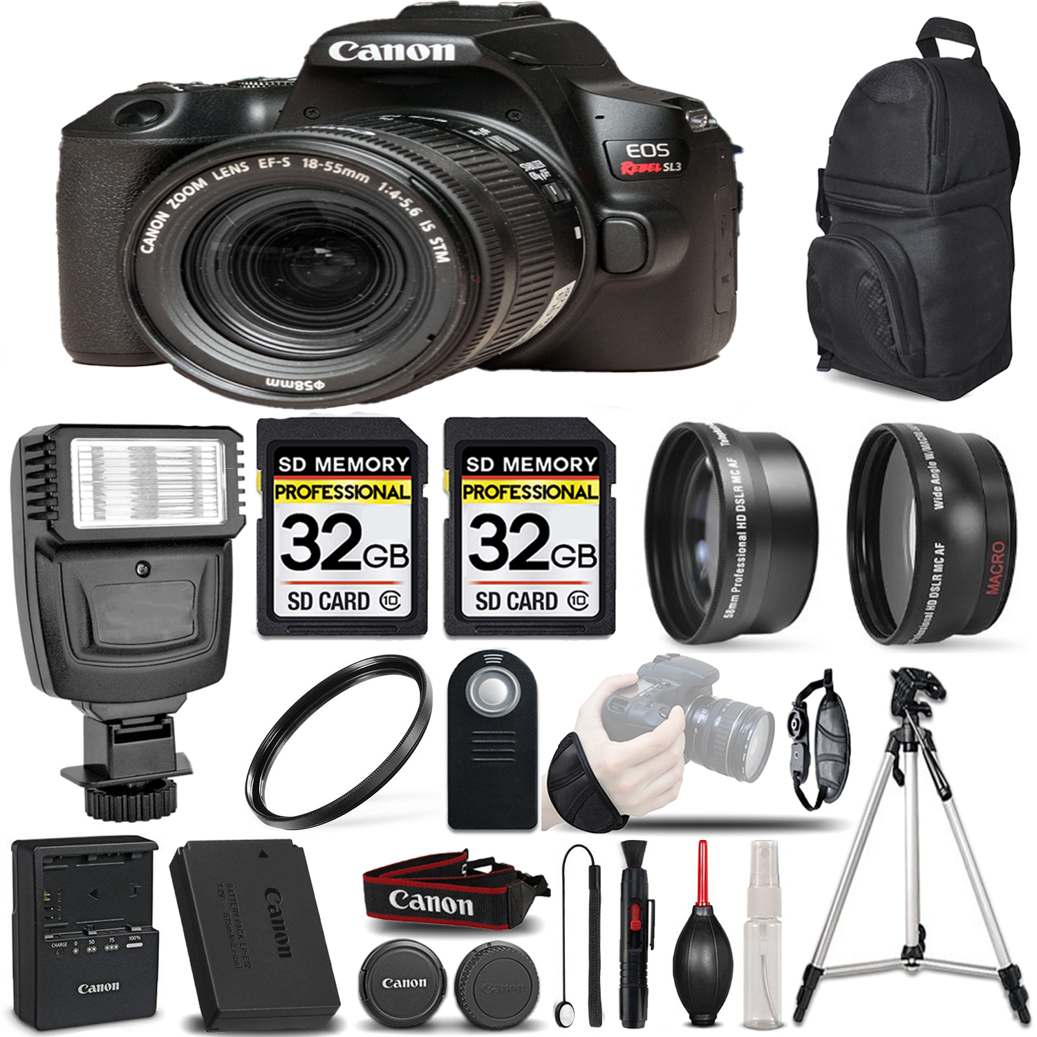 EOS Rebel SL3 DSLR Camera (Black) - 3 Lens Kit + 64GB + PRO FLASH *FREE SHIPPING*