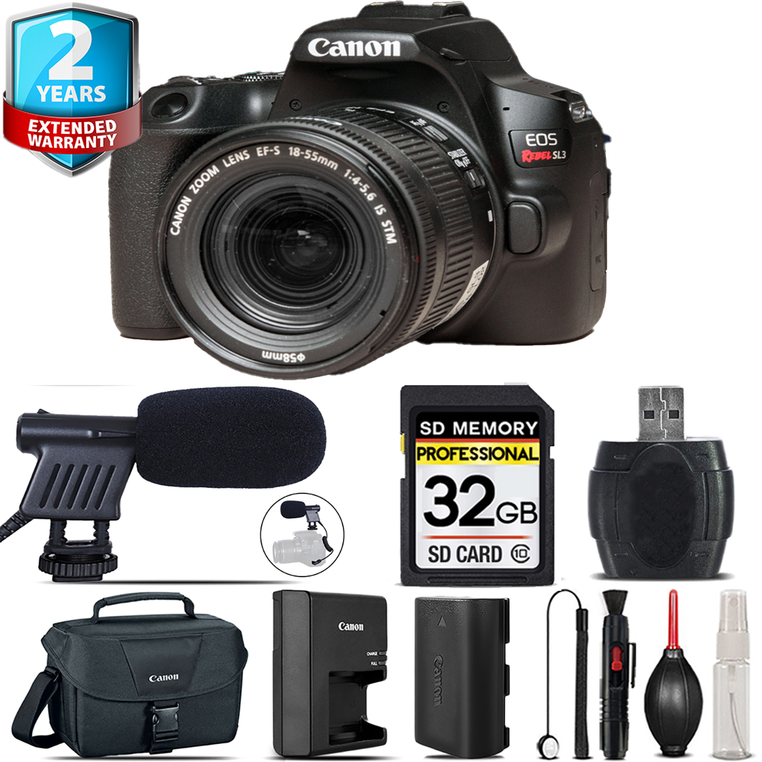 EOS Rebel SL3 Camera(Black) + 18-55mm IS STM + Mic + UV + Case - 32GB Kit *FREE SHIPPING*