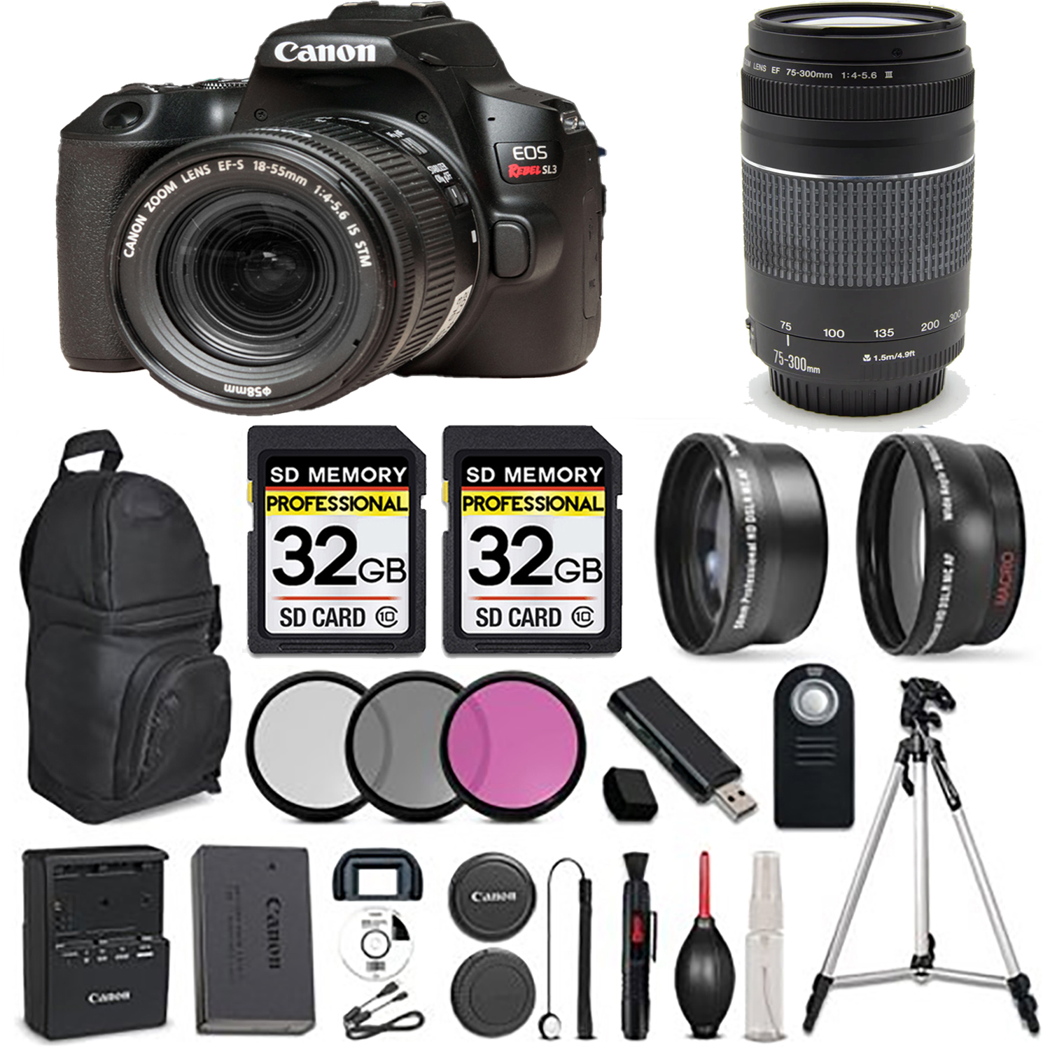 SL3 Digital Camera (Black) with 18-55mm IS STM + 75- 300mm III  - LOADED KIT *FREE SHIPPING*