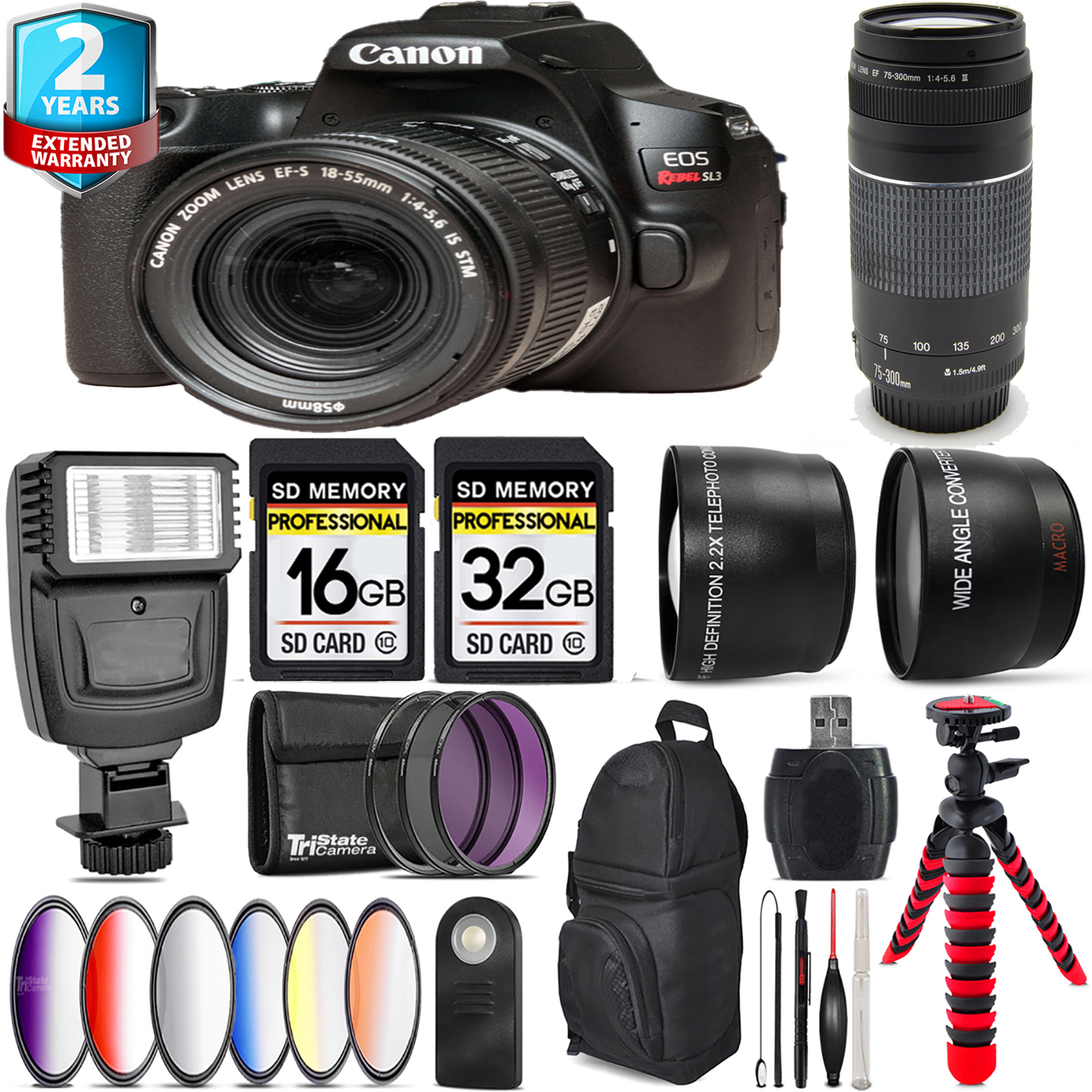 EOS Rebel SL3 Camera (Black) + 18-55mm IS STM + 75- 300mm III + Flash - 48GB *FREE SHIPPING*
