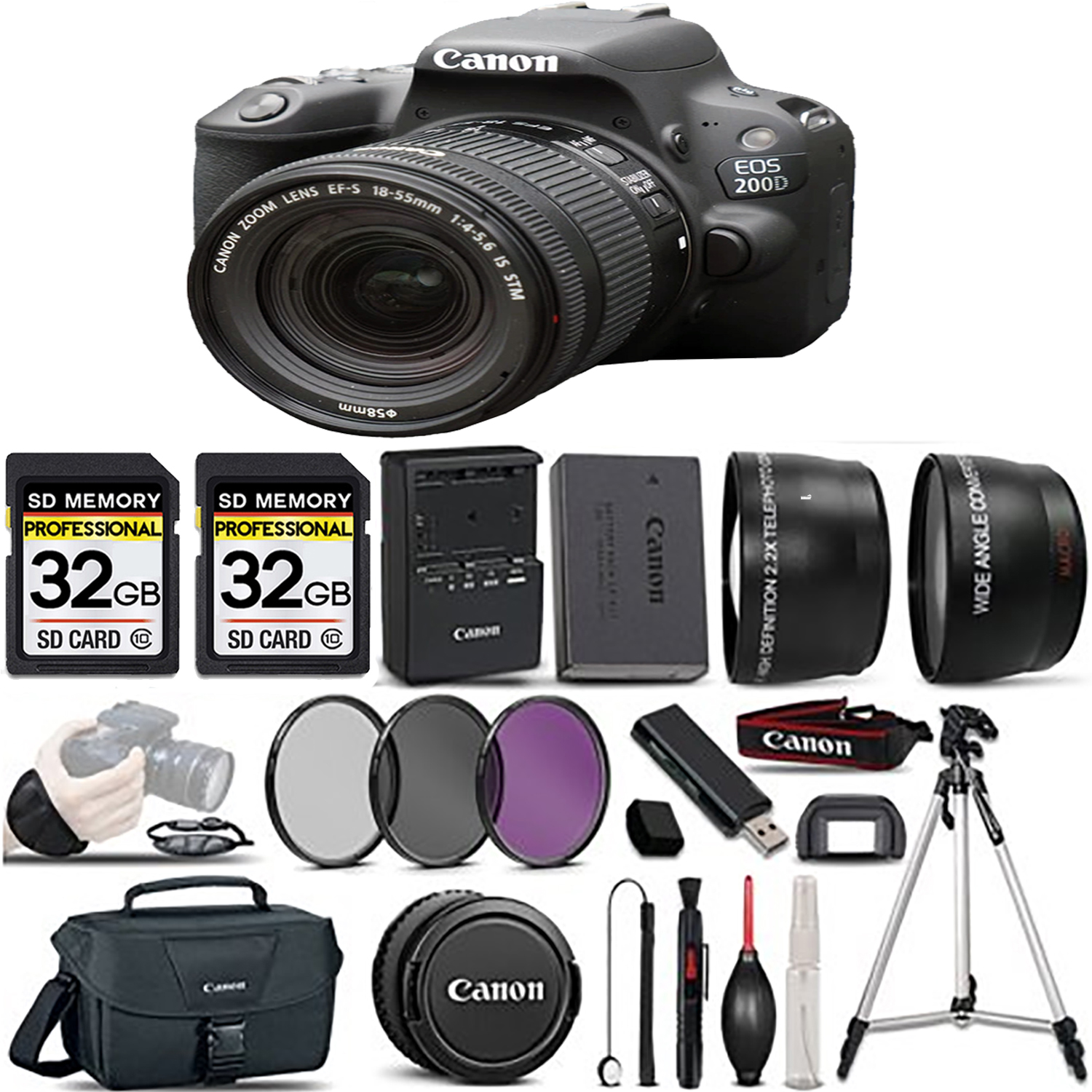 EOS Rebel 200D DSLR Camera(Black) + 18-55mm STM Lens + 3 Piece Filter Set- Kit *FREE SHIPPING*