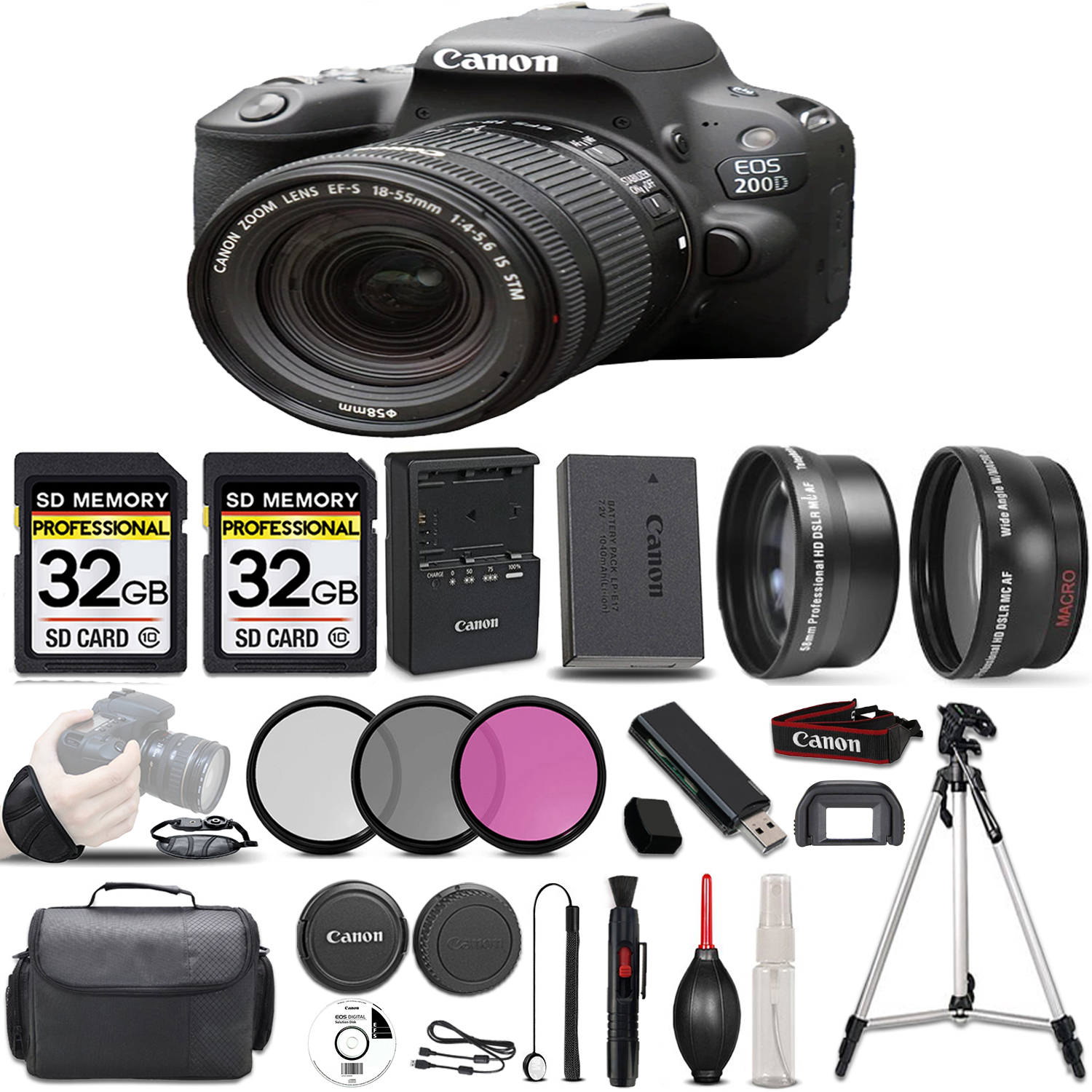 EOS Rebel 200D DSLR Camera(Black) + 18-55mm STM Lens + 64GB - Accessory Kit *FREE SHIPPING*