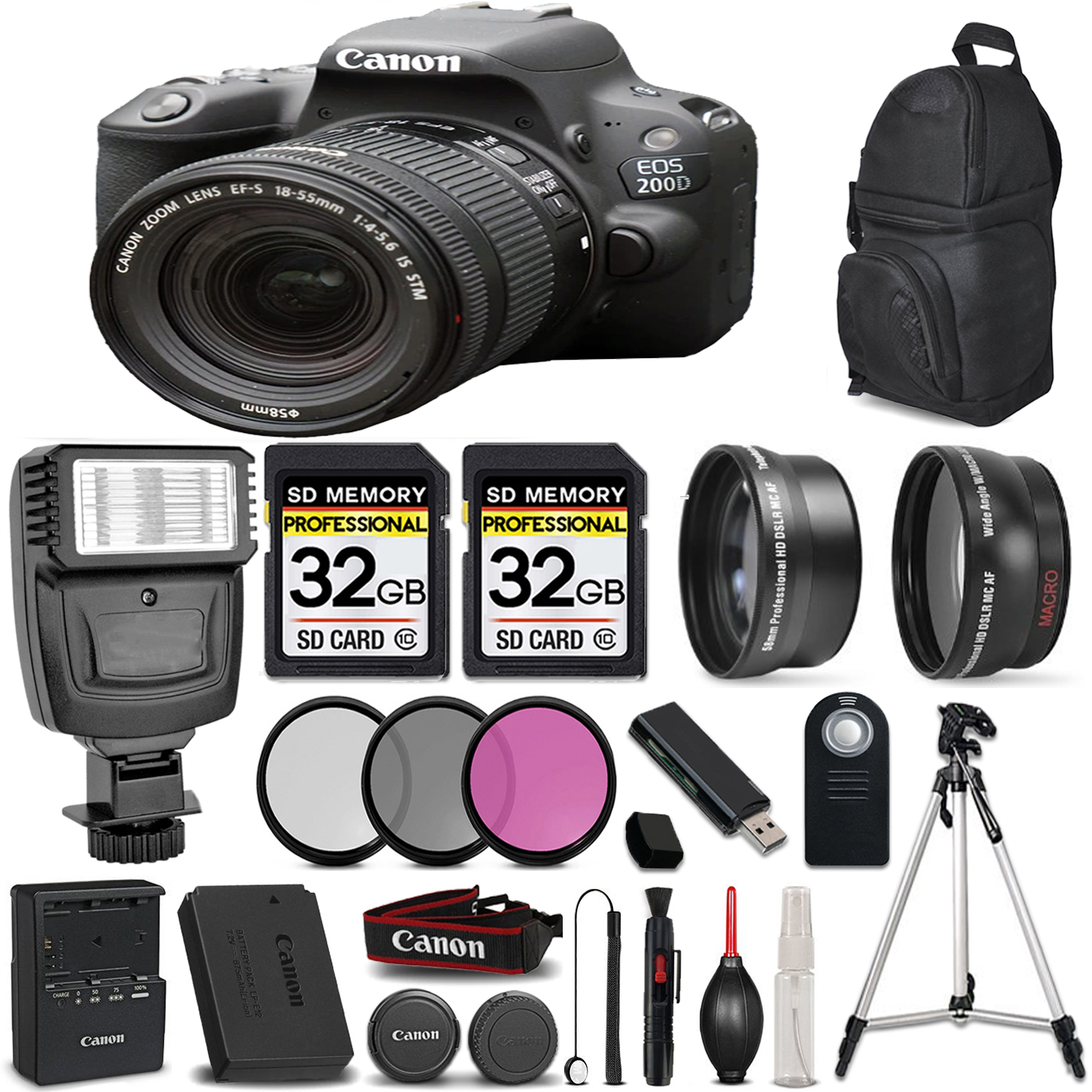EOS Rebel 200D DSLR Camera(Black) + 18-55mm STM LENS + 64GB + 3 Piece Filter Set *FREE SHIPPING*