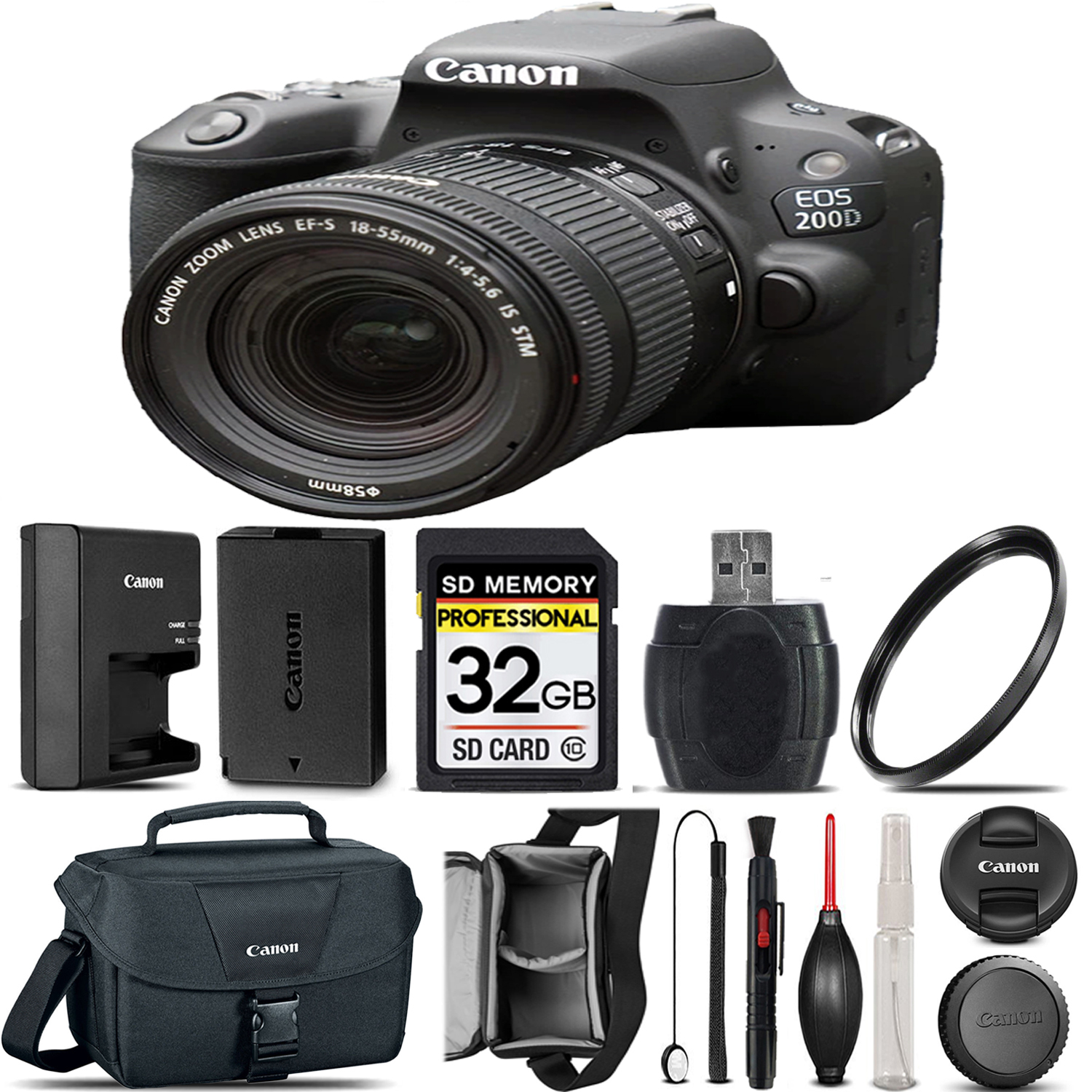 EOS Rebel 200D DSLR Camera(Black) + 18-55mm STM + Case+ UV - 32GB Kit *FREE SHIPPING*