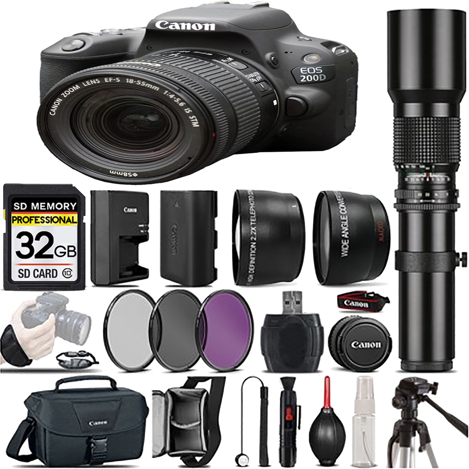 EOS Rebel 200D DSLR Camera(Black) + 18-55mm IS STM + 500mm - Best Value Kit *FREE SHIPPING*