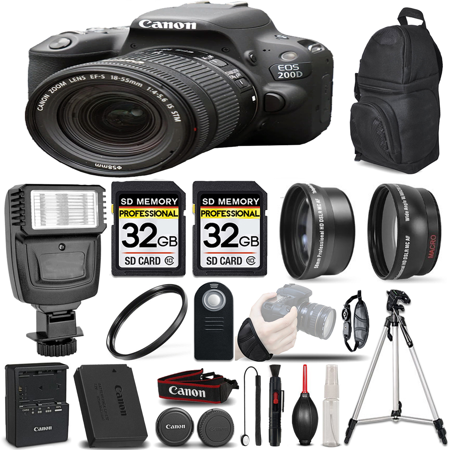 EOS Rebel 200D DSLR Camera (Black) - 3 Lens Kit + 64GB + PRO FLASH *FREE SHIPPING*