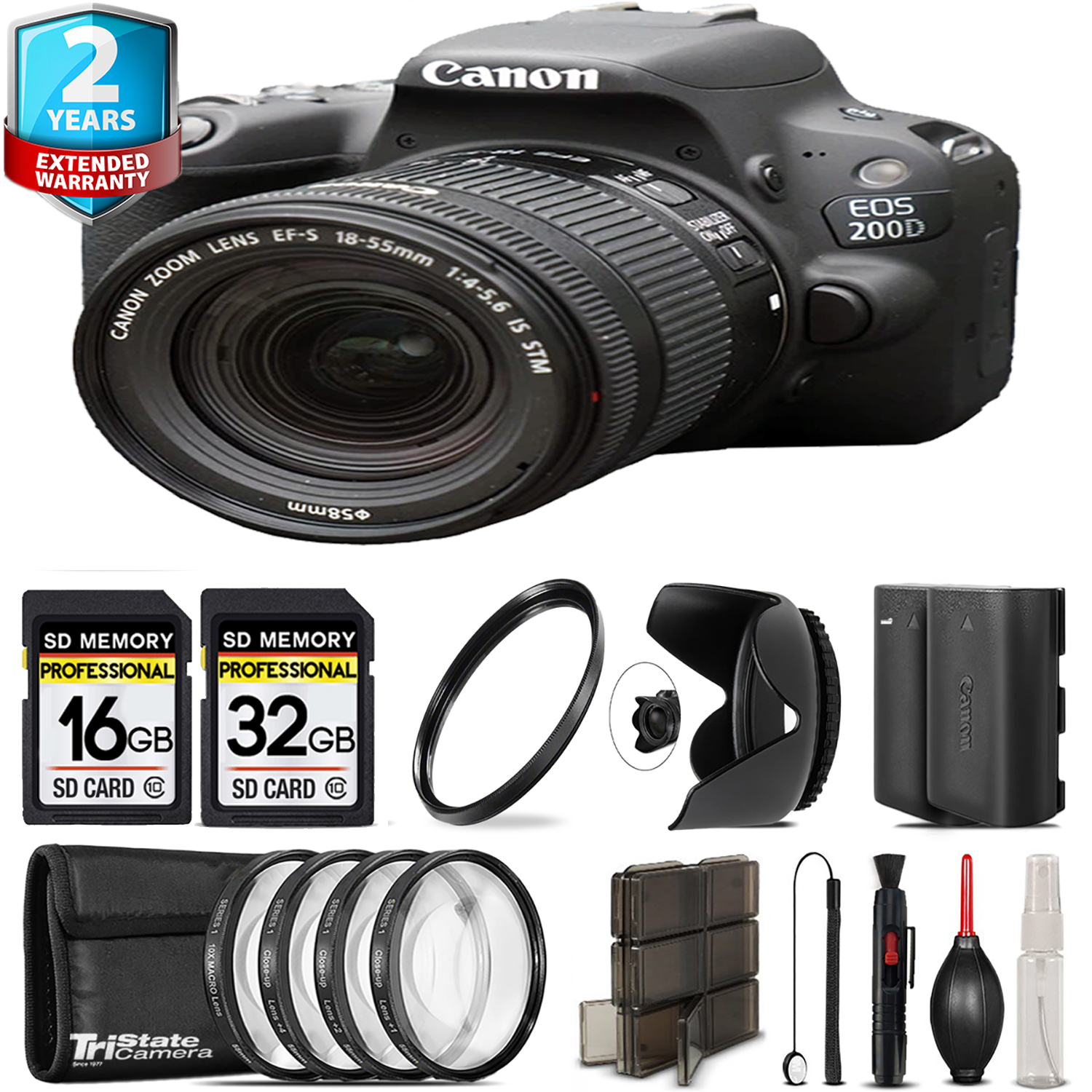 EOS Rebel 200D Camera (Black) + 18-55mm IS STM + 4 Piece Macro Set + 48GB *FREE SHIPPING*