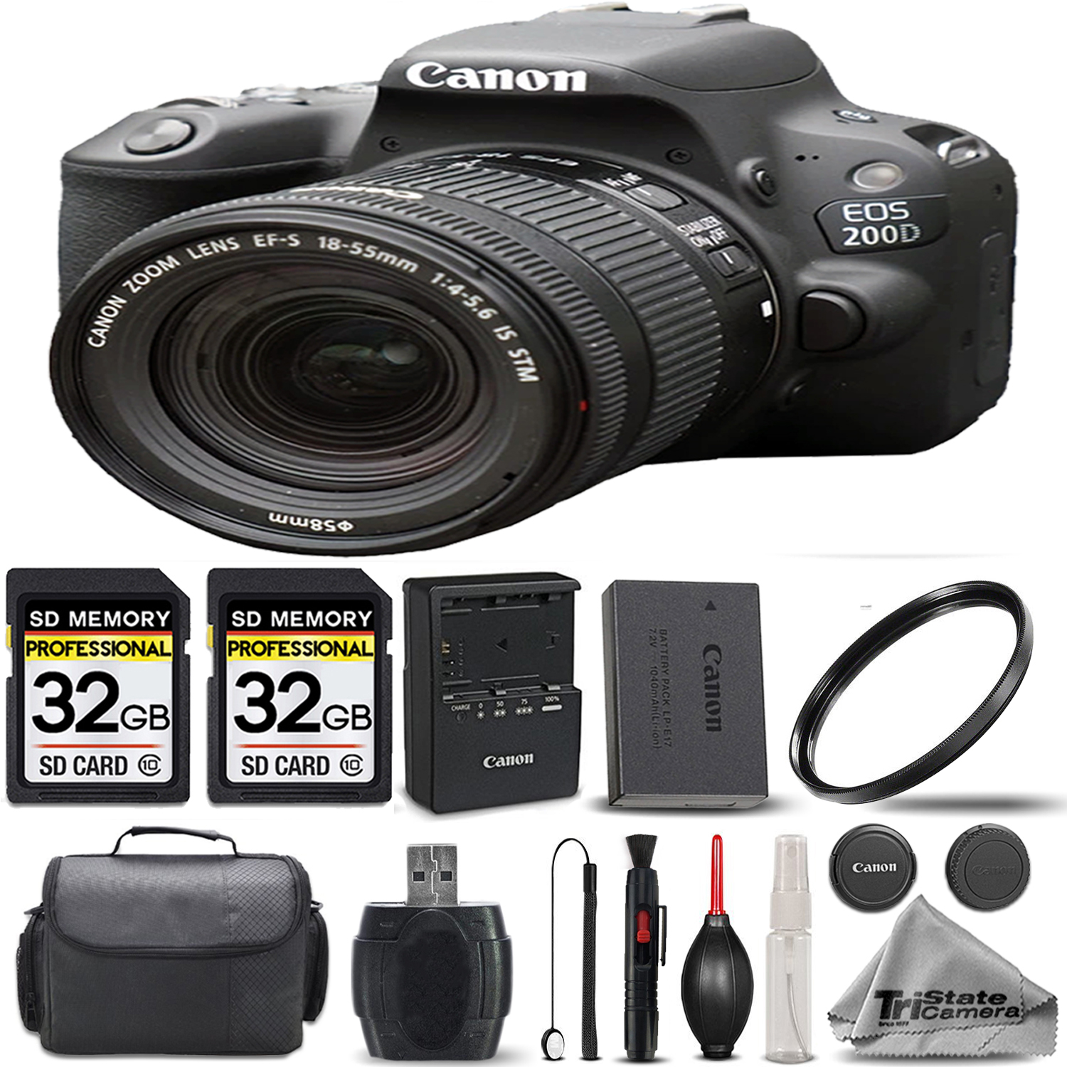 EOS Rebel 200D Camera(Black) + 18-55mm STM Lens + 64GB -Basic Accessory Kit *FREE SHIPPING*