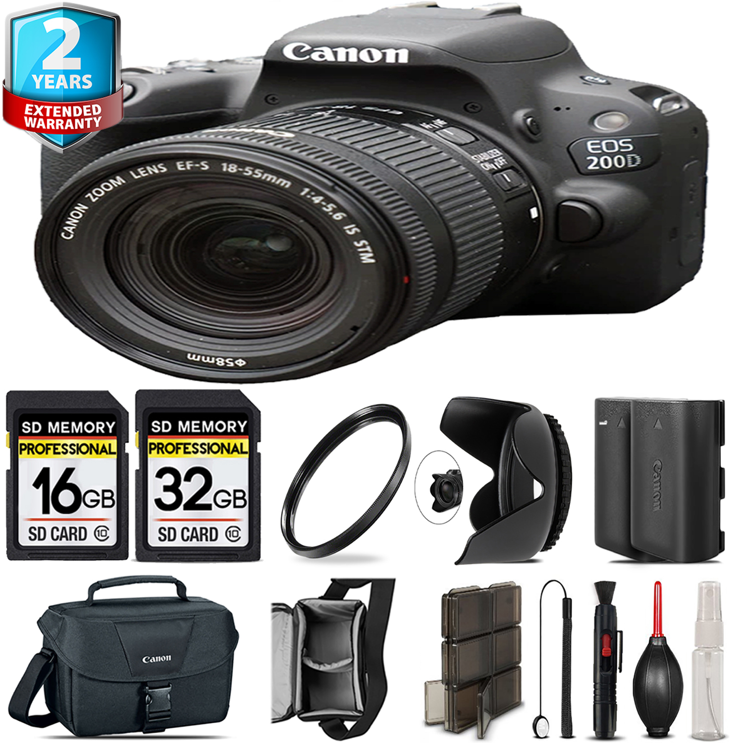 EOS Rebel 200D Camera (Black) + 18-55mm IS STM + Tulip Hood + - 48GB Kit *FREE SHIPPING*
