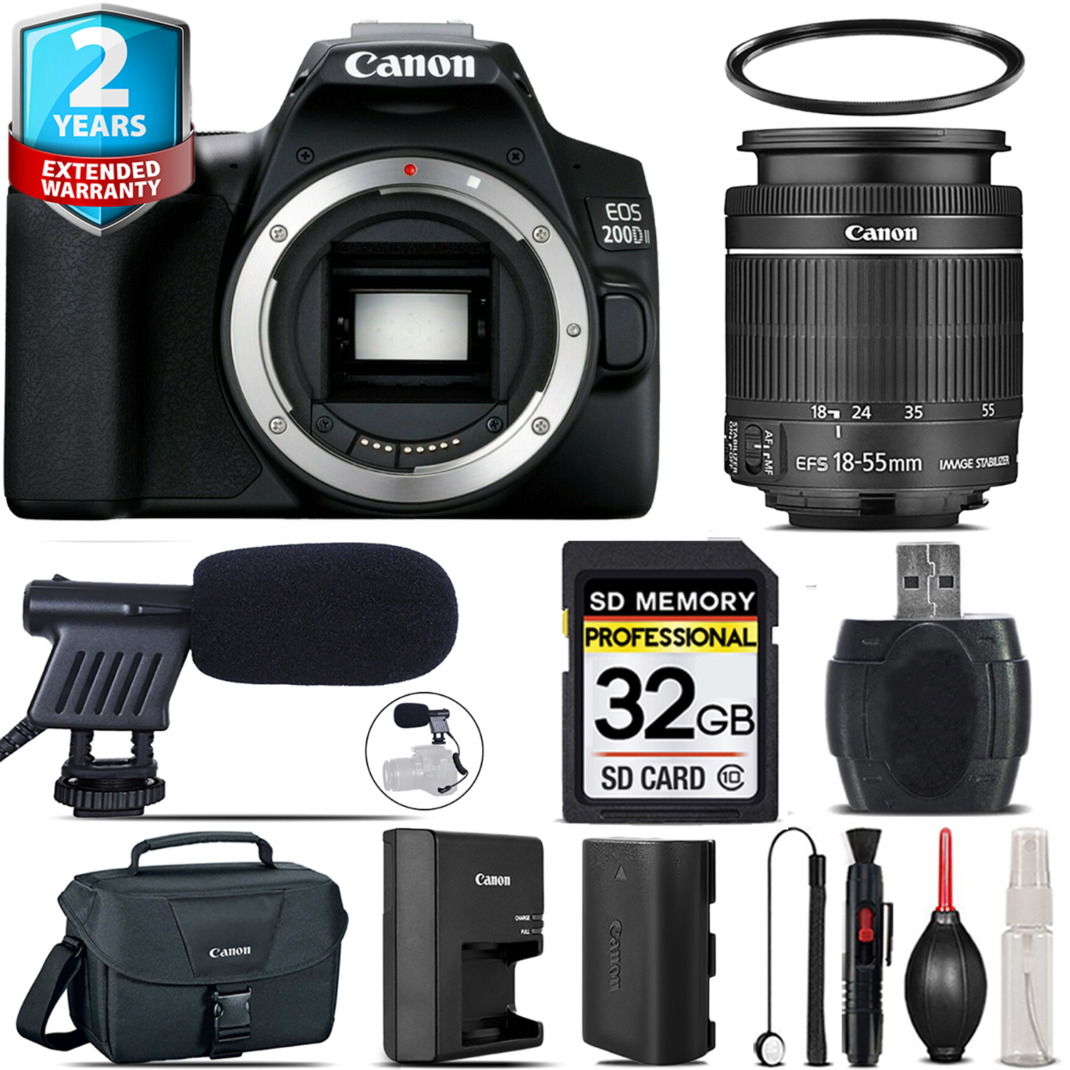 EOS Rebel 200D Camera(Black) + 18-55mm IS STM + Mic + UV + Case - 32GB Kit *FREE SHIPPING*