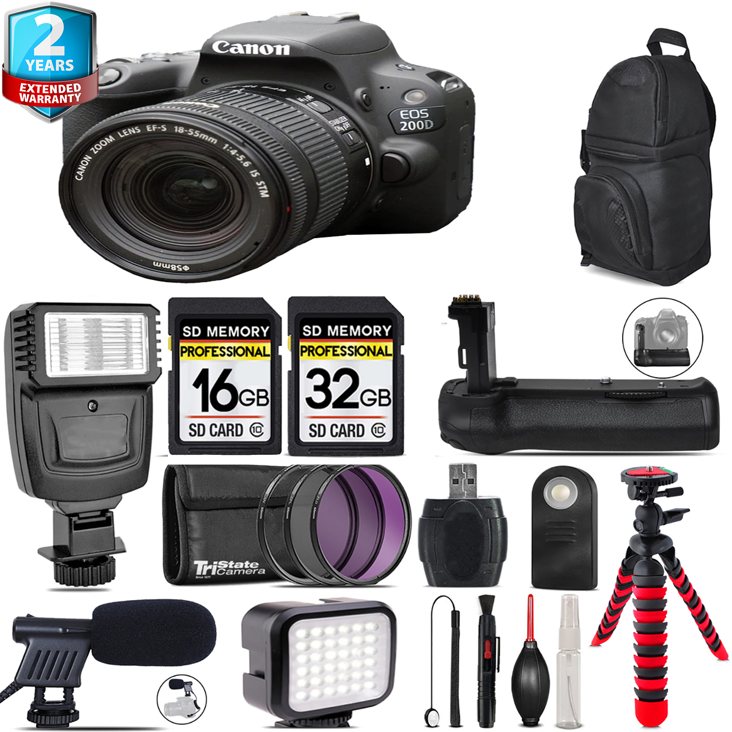EOS Rebel 200D Camera (Black) + 18-55mm IS STM + LED Kit + Mic + 48GB *FREE SHIPPING*