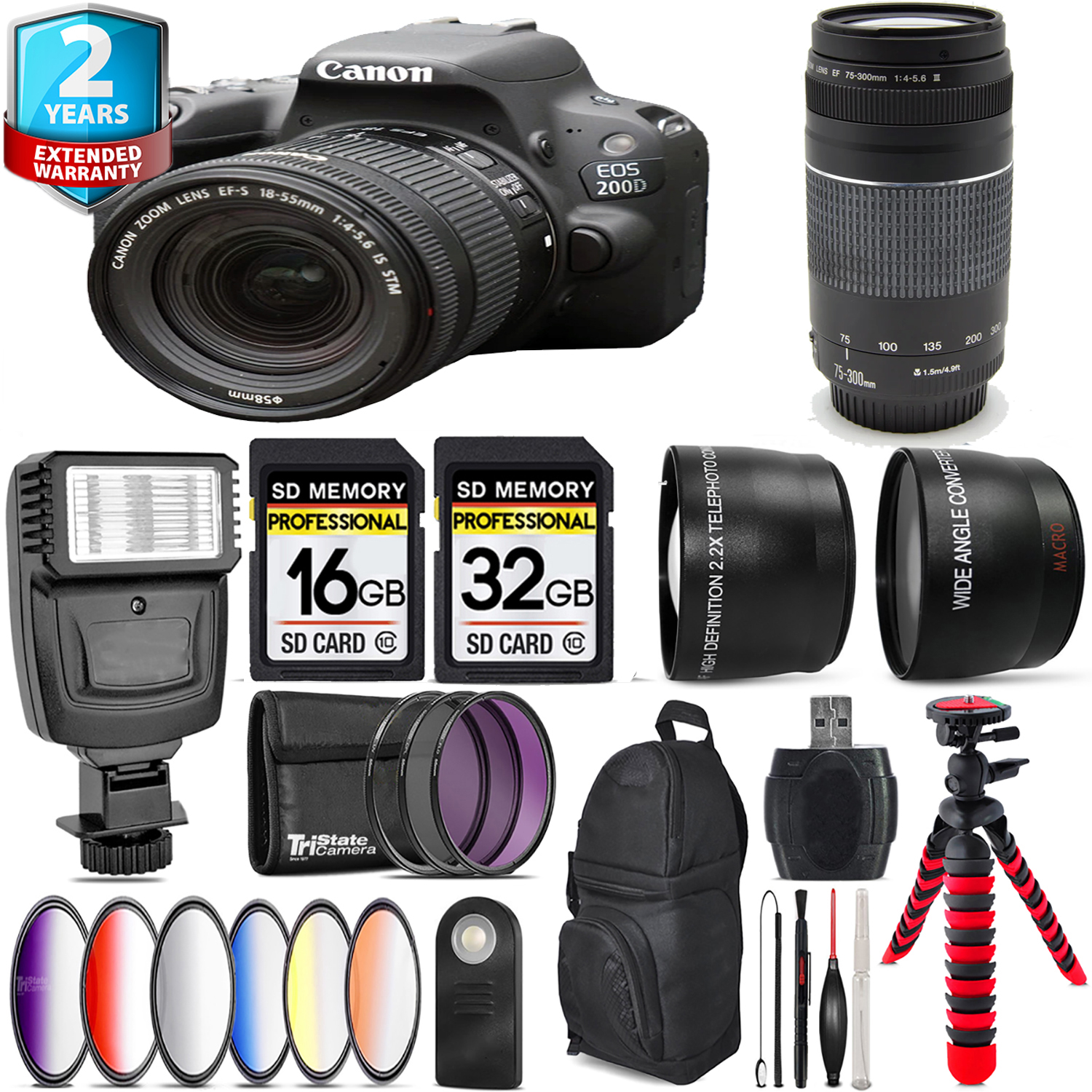 EOS Rebel 200D Camera (Black) + 18-55mm IS STM + 75- 300mm III + Flash - 48GB *FREE SHIPPING*