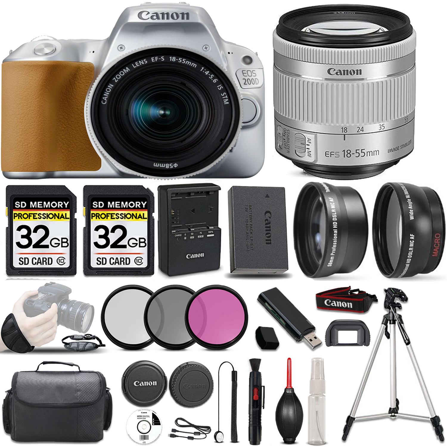 EOS Rebel 200D DSLR Camera(Silver) + 18-55mm STM Lens + 64GB - Accessory Kit *FREE SHIPPING*