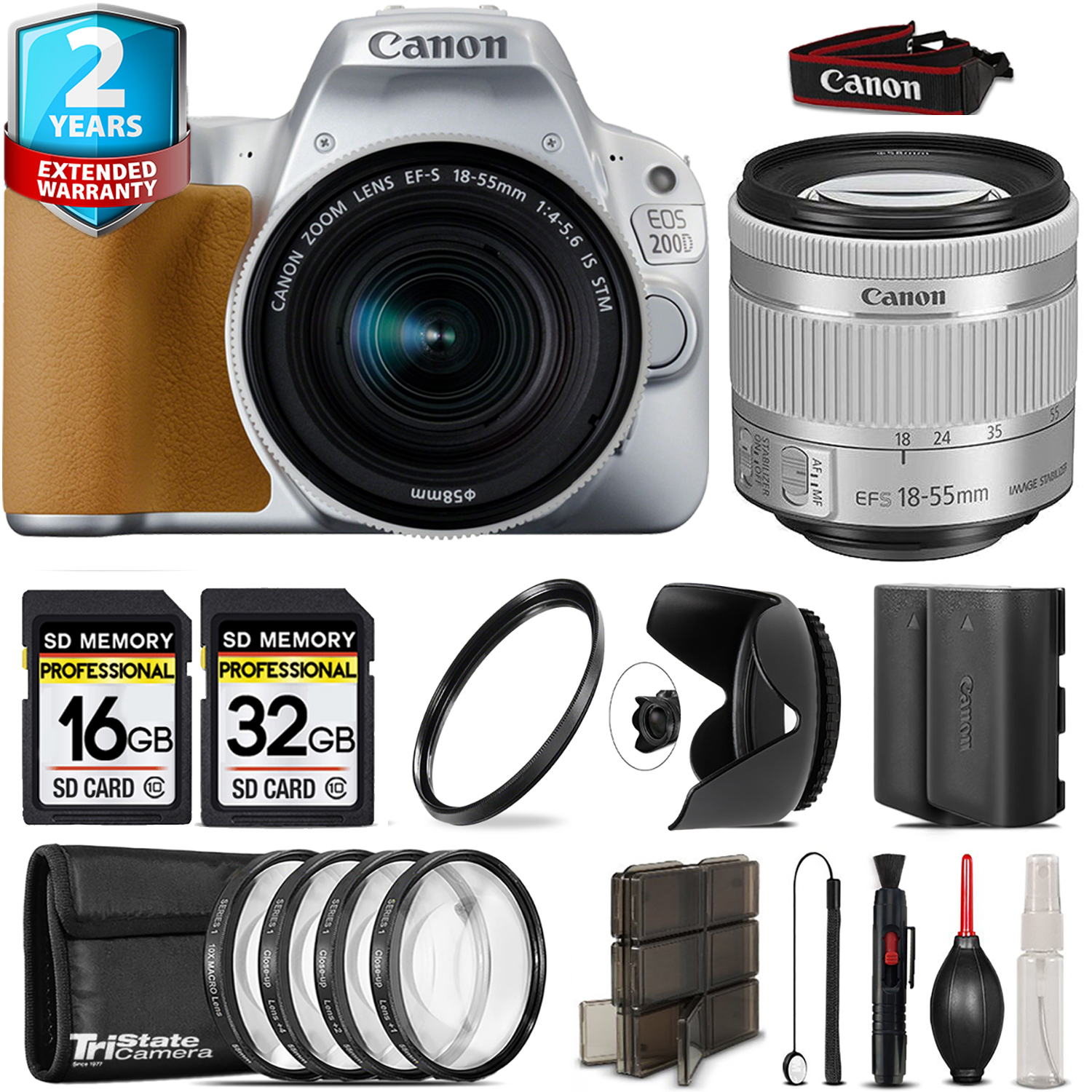 EOS Rebel 200D Camera (Silver) + 18-55mm IS STM + 4 Piece Macro Set + 48GB *FREE SHIPPING*