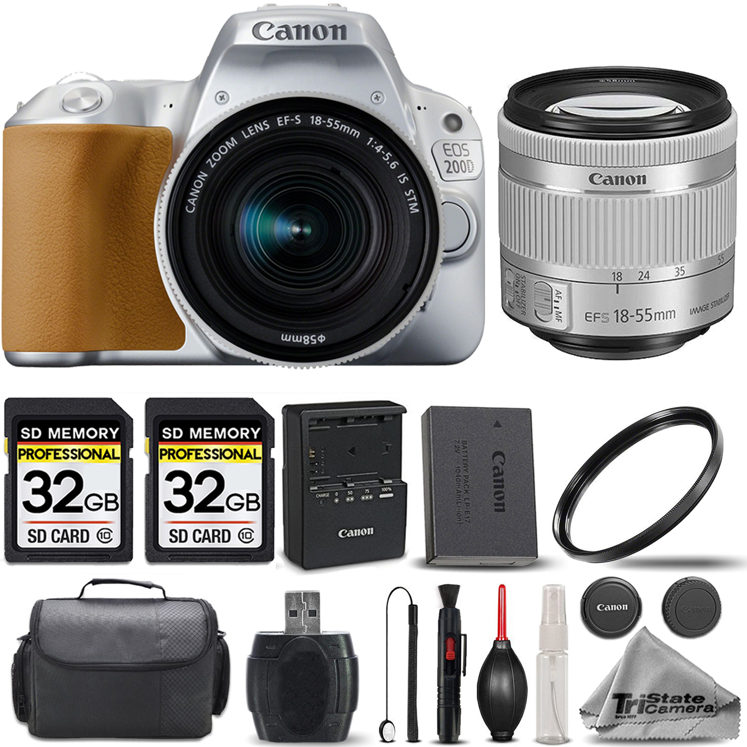 EOS Rebel 200D Camera(Silver) + 18-55mm STM Lens + 64GB -Basic Accessory Kit *FREE SHIPPING*
