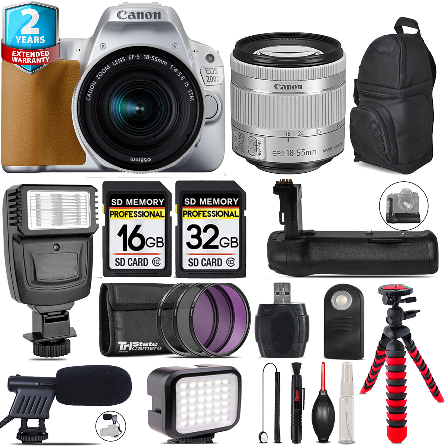 Canon EOS Rebel 200D Camera (Silver) + 18-55mm IS STM + LED Kit + Mic + 48GB *FREE SHIPPING*