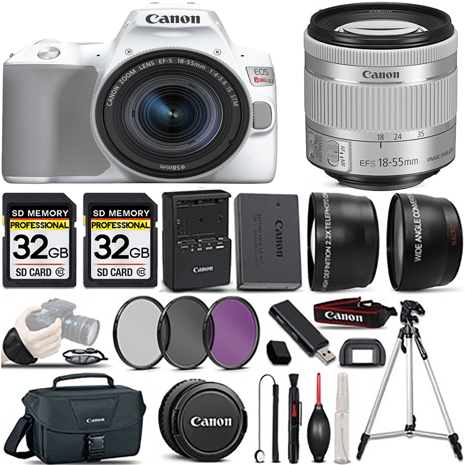 EOS Rebel SL3 DSLR Camera(White) + 18-55mm STM Lens + 3 Piece Filter Set- Basic Kit *FREE SHIPPING*
