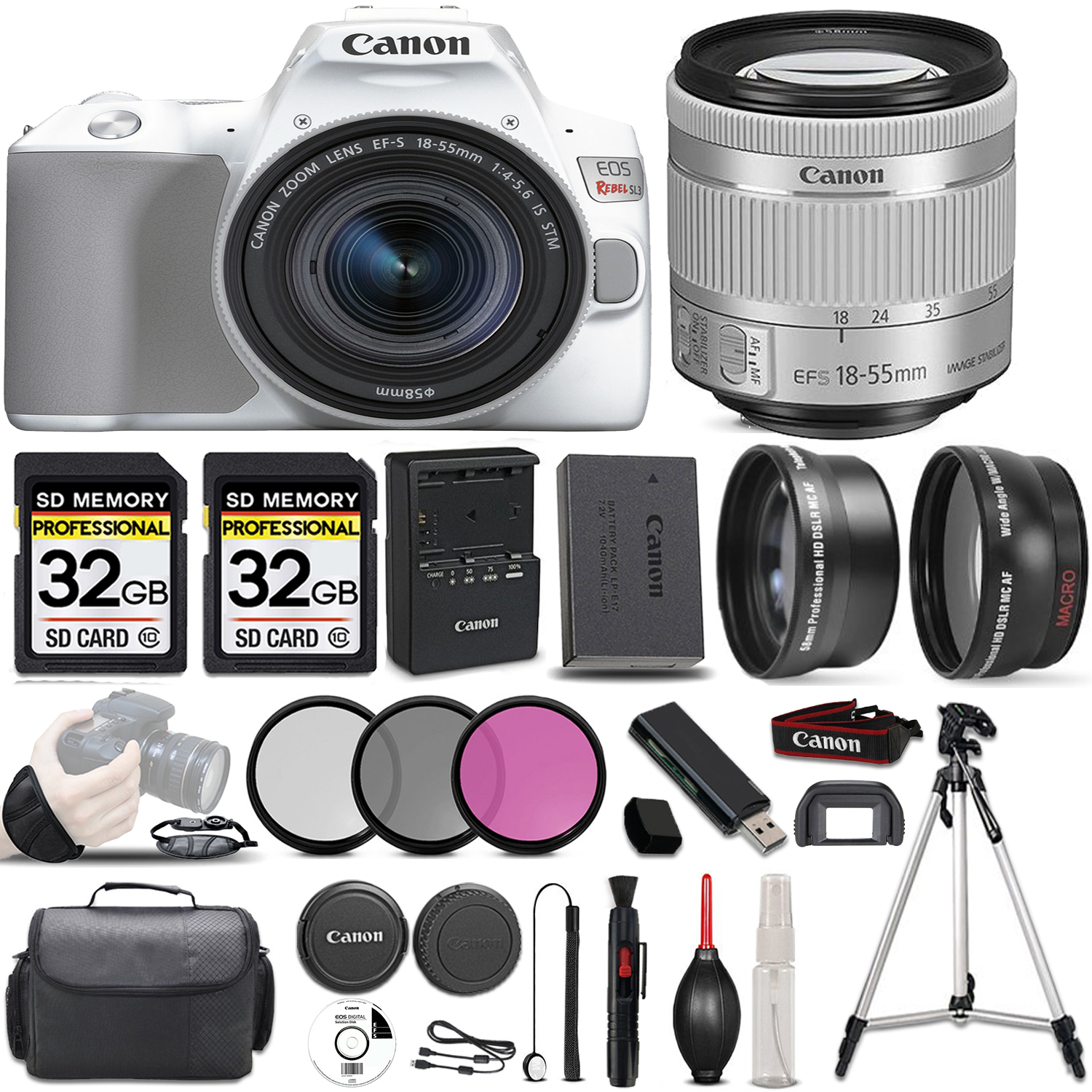 EOS Rebel SL3 DSLR Camera(White) + 18-55mm STM Lens + 64GB - Accessory Kit *FREE SHIPPING*