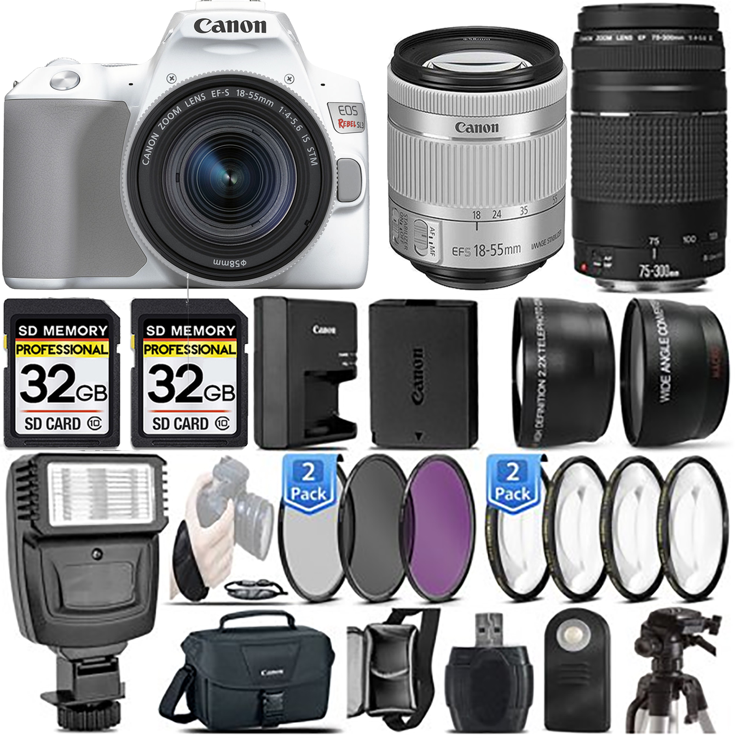 EOS Rebel SL3 DSLR Camera(White) + 18-55mm STM LENS + 75- 300 III + Flash - Kit *FREE SHIPPING*