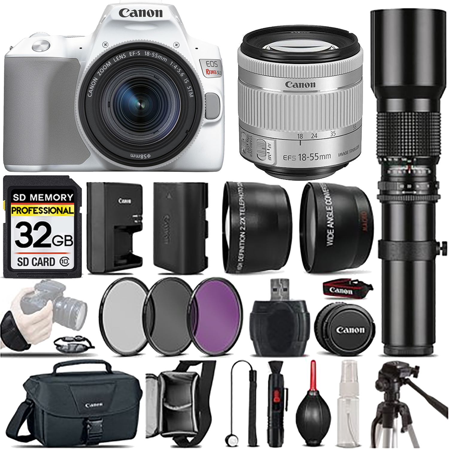 EOS Rebel SL3 DSLR Camera(White) + 18-55mm IS STM + 500mm - Best Value Kit *FREE SHIPPING*