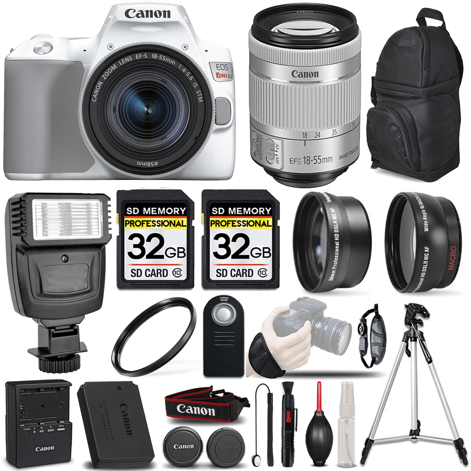 EOS Rebel SL3 DSLR Camera (White) - 3 Lens Kit + 64GB + PRO FLASH *FREE SHIPPING*